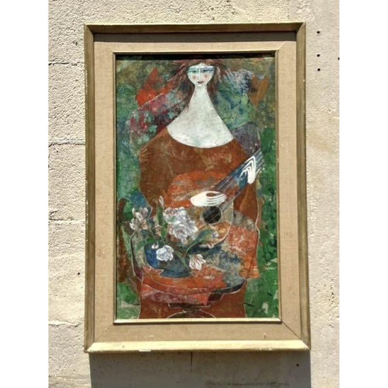 This captivating vintage oil painting by renowned Italian artist Luciano Spazzali captures an evocative blend of surrealism and expressionism. Titled “Visionatrice con Natura Morta” (Visionary with Still Life), the piece portrays an abstract female