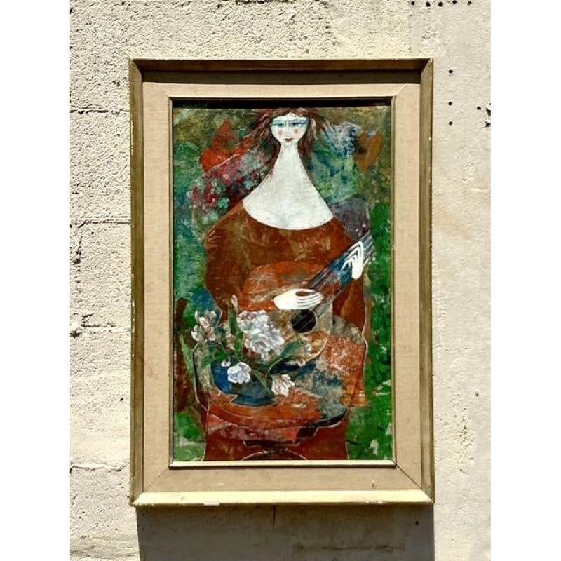 Mid-Century Modern Vintage Italian Original Figurative Oil Painting on Board