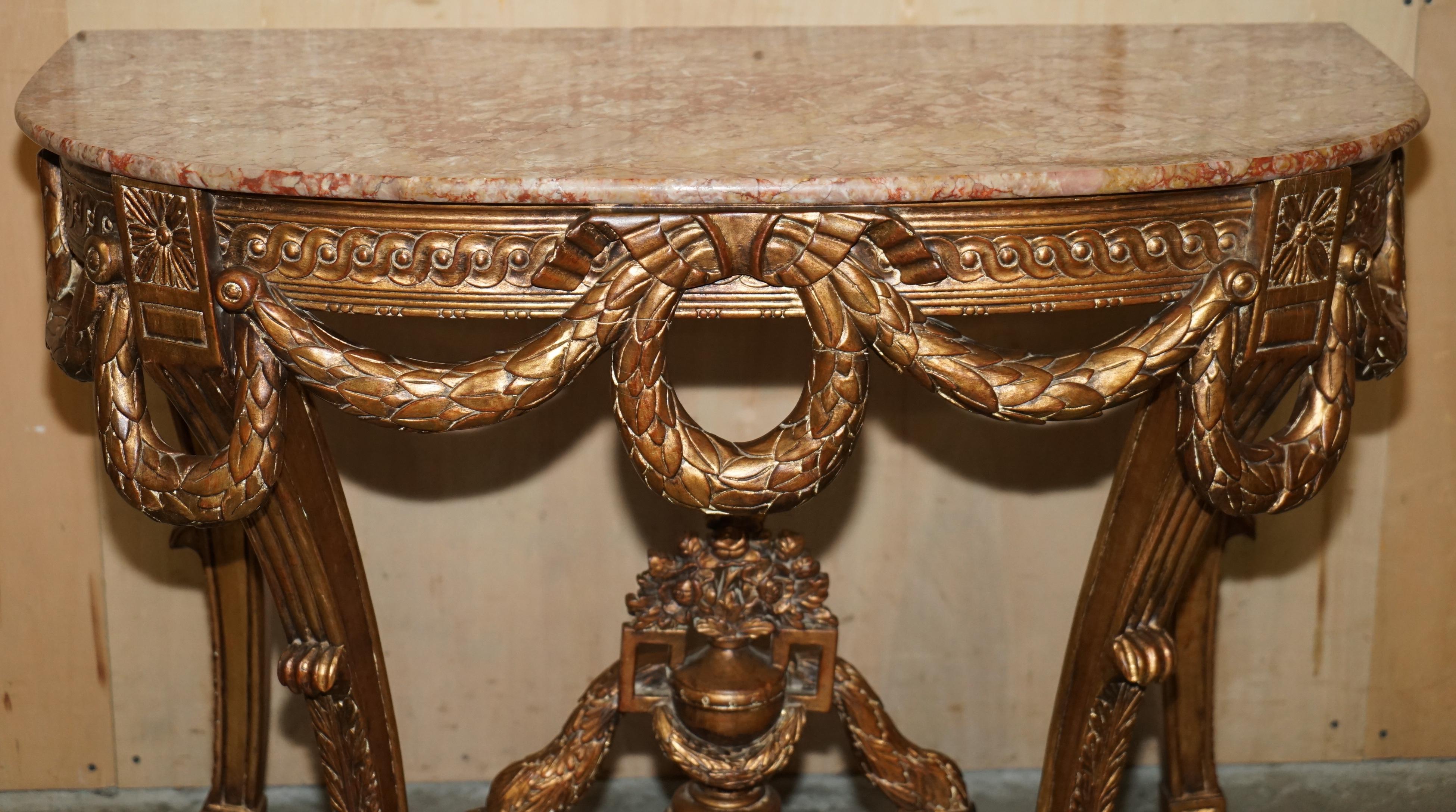 Rococo VINTAGE ITALIAN ORNATELY HAND CARVED DEMI LUNE GiLTWOOD & MARBLE CONSOLE TABLE For Sale