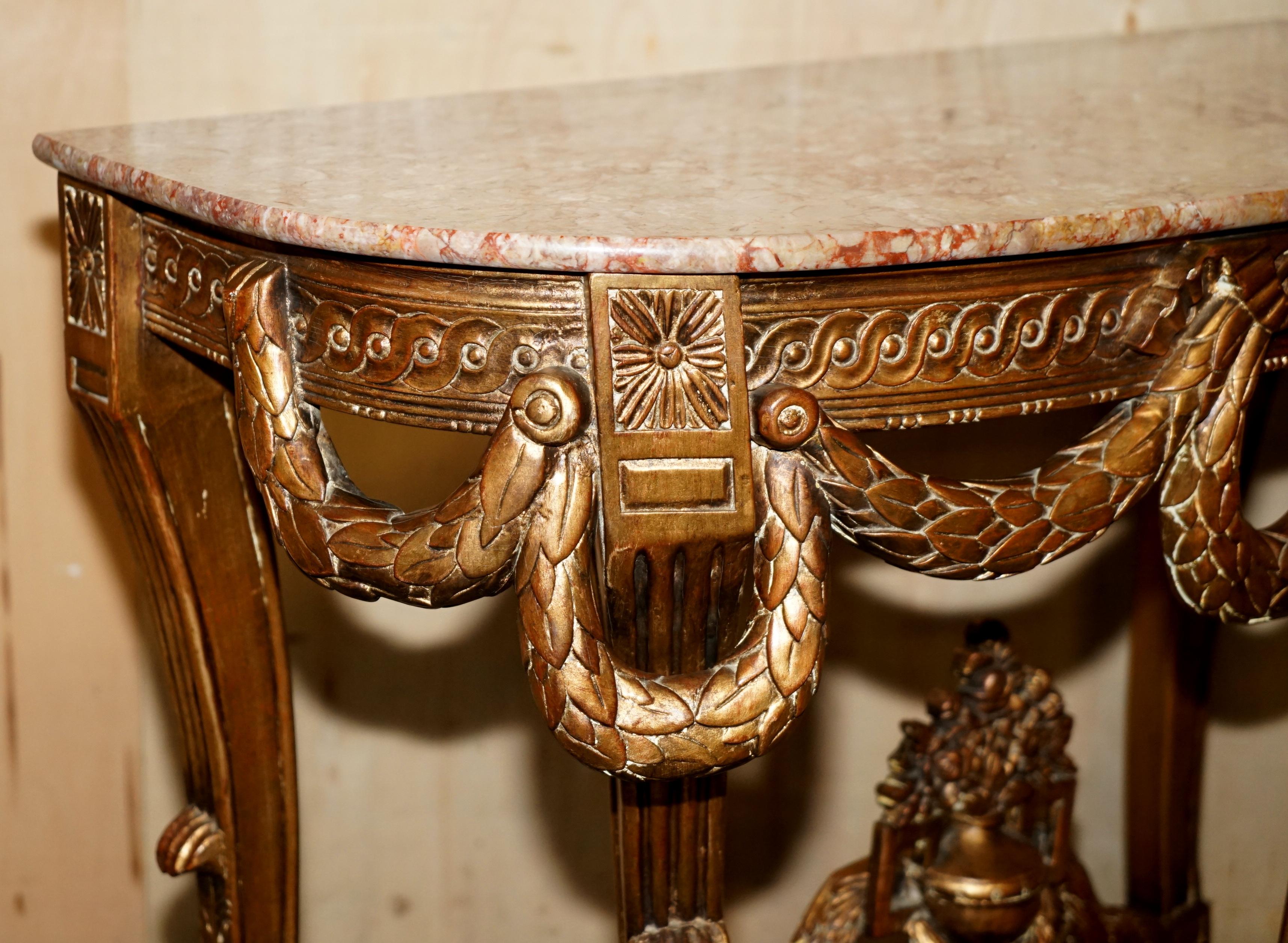 Italian VINTAGE ITALIAN ORNATELY HAND CARVED DEMI LUNE GiLTWOOD & MARBLE CONSOLE TABLE For Sale