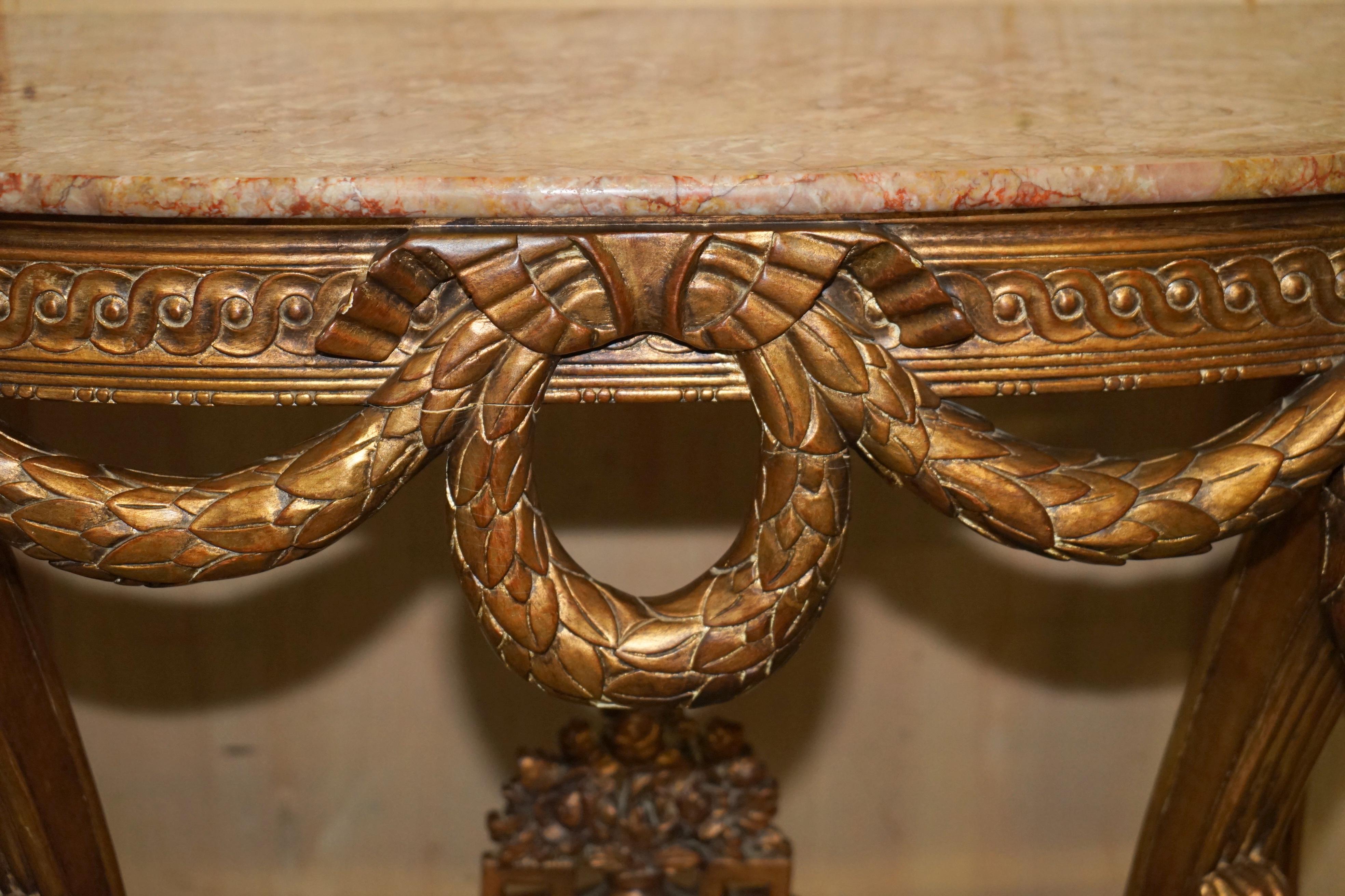 20th Century VINTAGE ITALIAN ORNATELY HAND CARVED DEMI LUNE GiLTWOOD & MARBLE CONSOLE TABLE For Sale