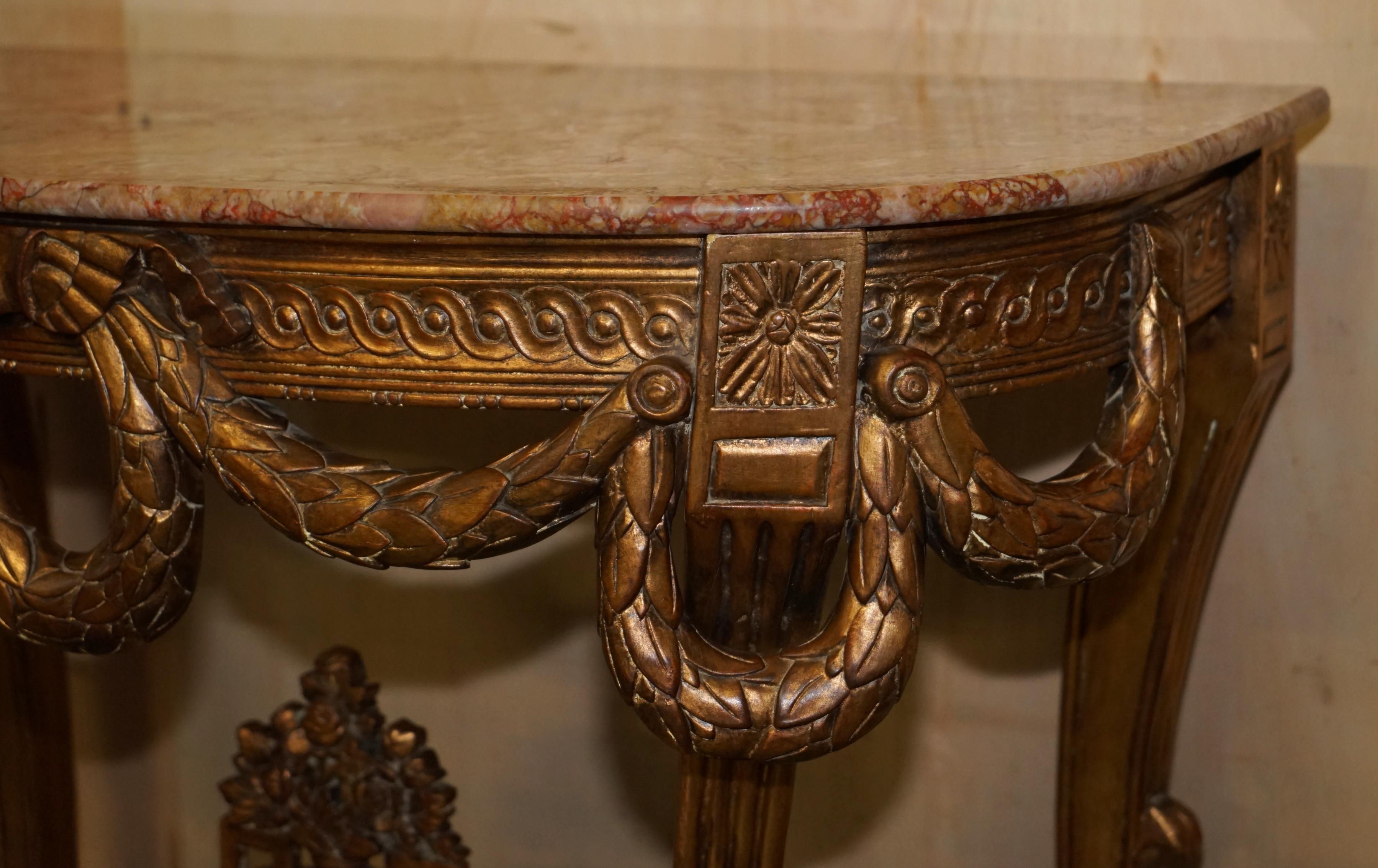 VINTAGE ITALIAN ORNATELY HAND CARVED DEMI LUNE GiLTWOOD & MARBLE CONSOLE TABLE For Sale 1