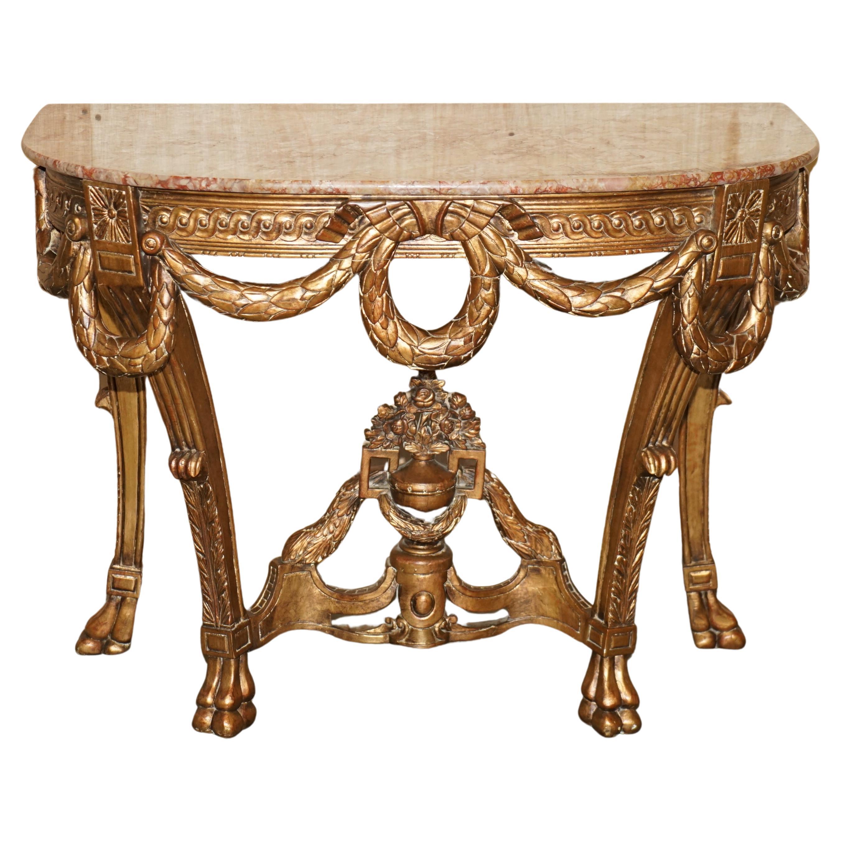 VINTAGE ITALIAN ORNATELY HAND CARVED DEMI LUNE GiLTWOOD & MARBLE CONSOLE TABLE For Sale