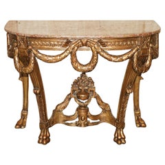 VINTAGE ITALIAN ORNATELY HAND CARVED DEMI LUNE GiLTWOOD & MARBLE CONSOLE TABLE