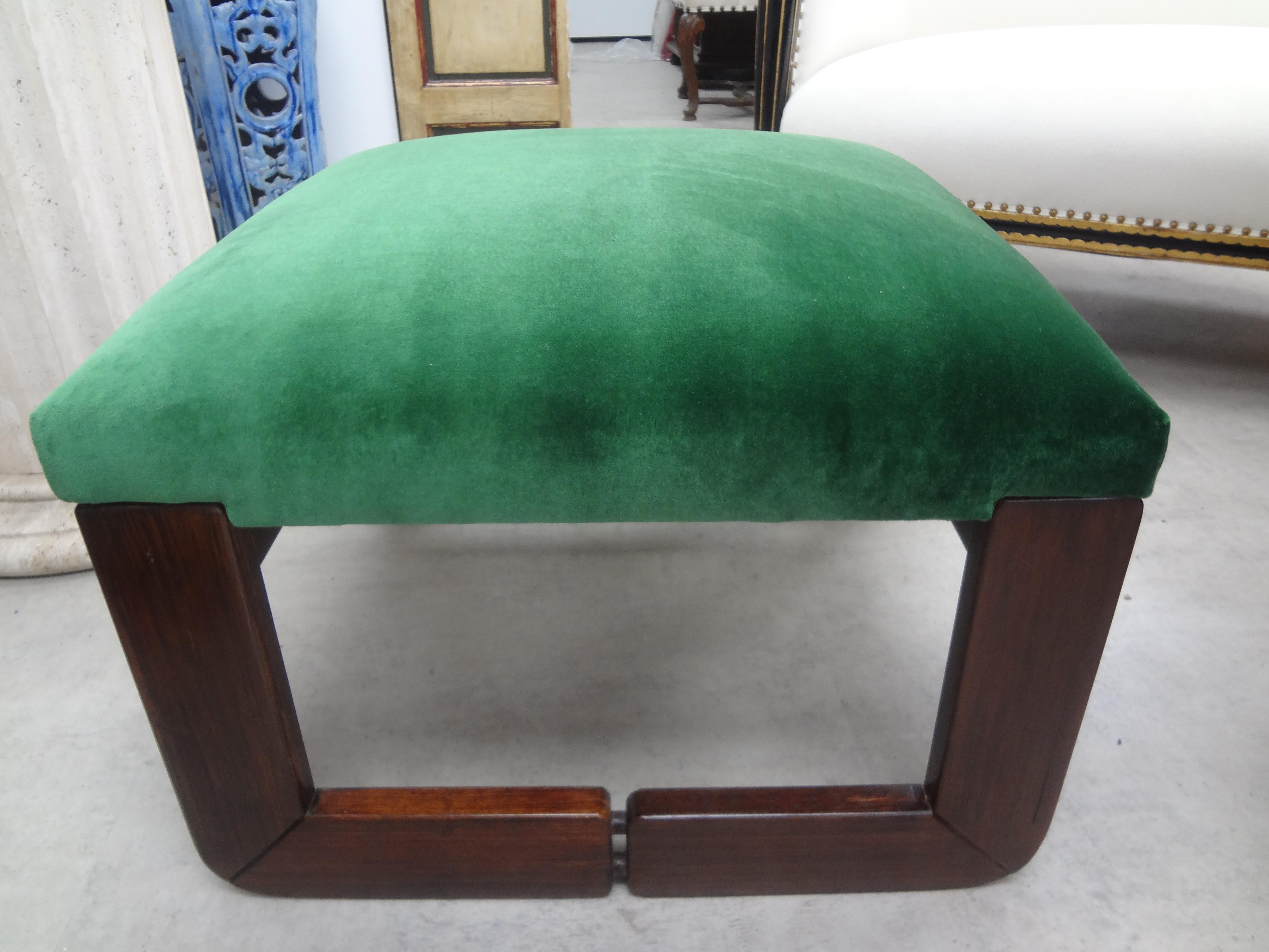 Vintage Italian walnut ottoman or bench attributed to Afra & Tobia Scarpa. This handsome organic modern/Brutalist ottoman, bench or stool has been newly upholstered in green velvet.