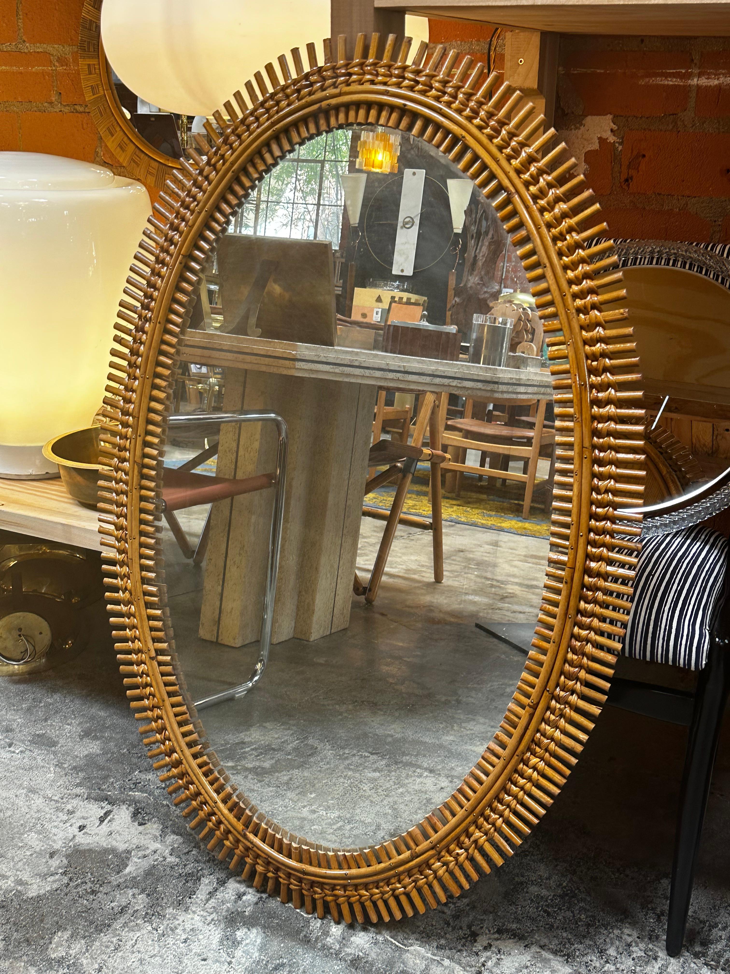 Mid-Century Modern Vintage Italian Oval Bamboo Wall Mirror, 1980s