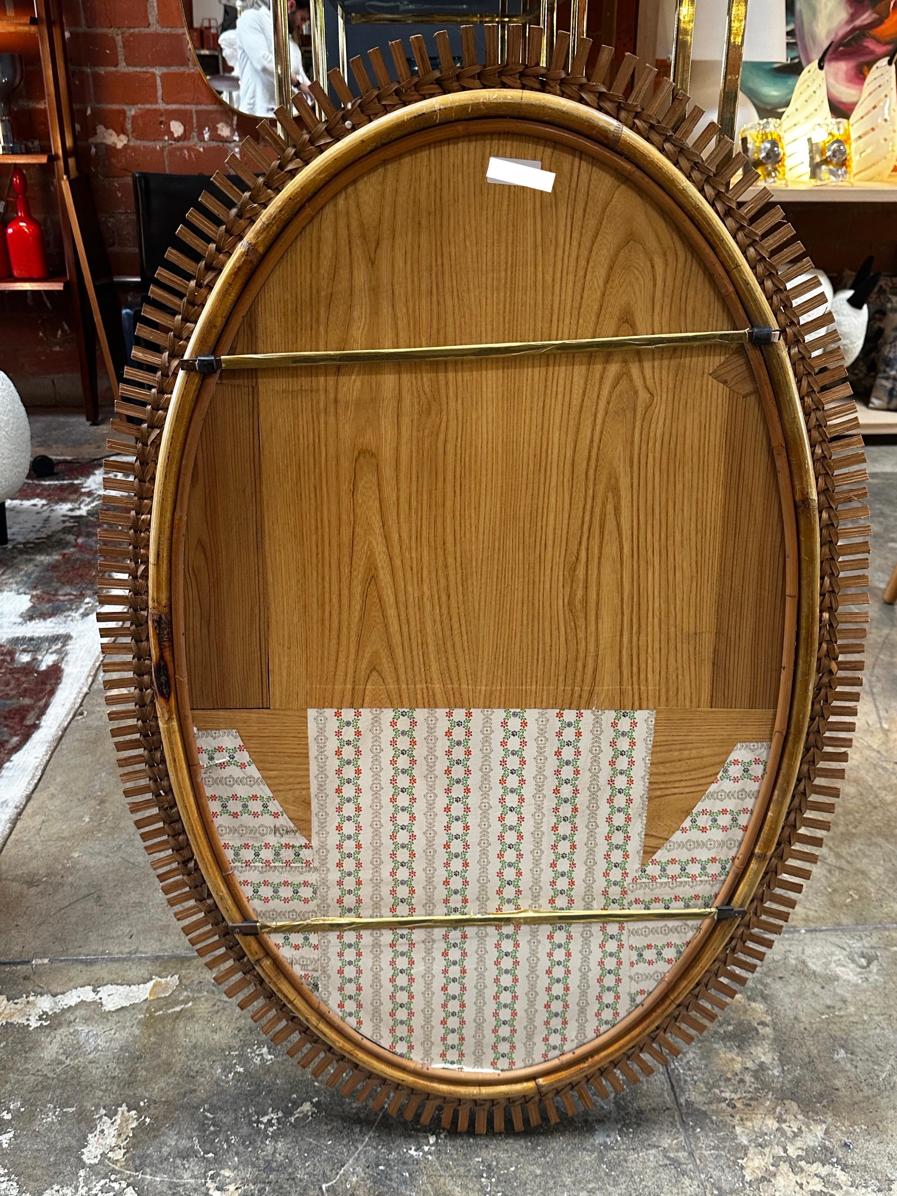 Rattan Vintage Italian Oval Bamboo Wall Mirror, 1980s