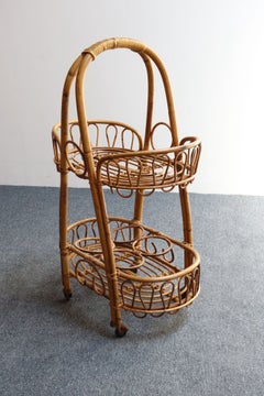 Vintage Italian Oval Bar Cart / Trolley on Caster Wheels in Bamboo and Rattan