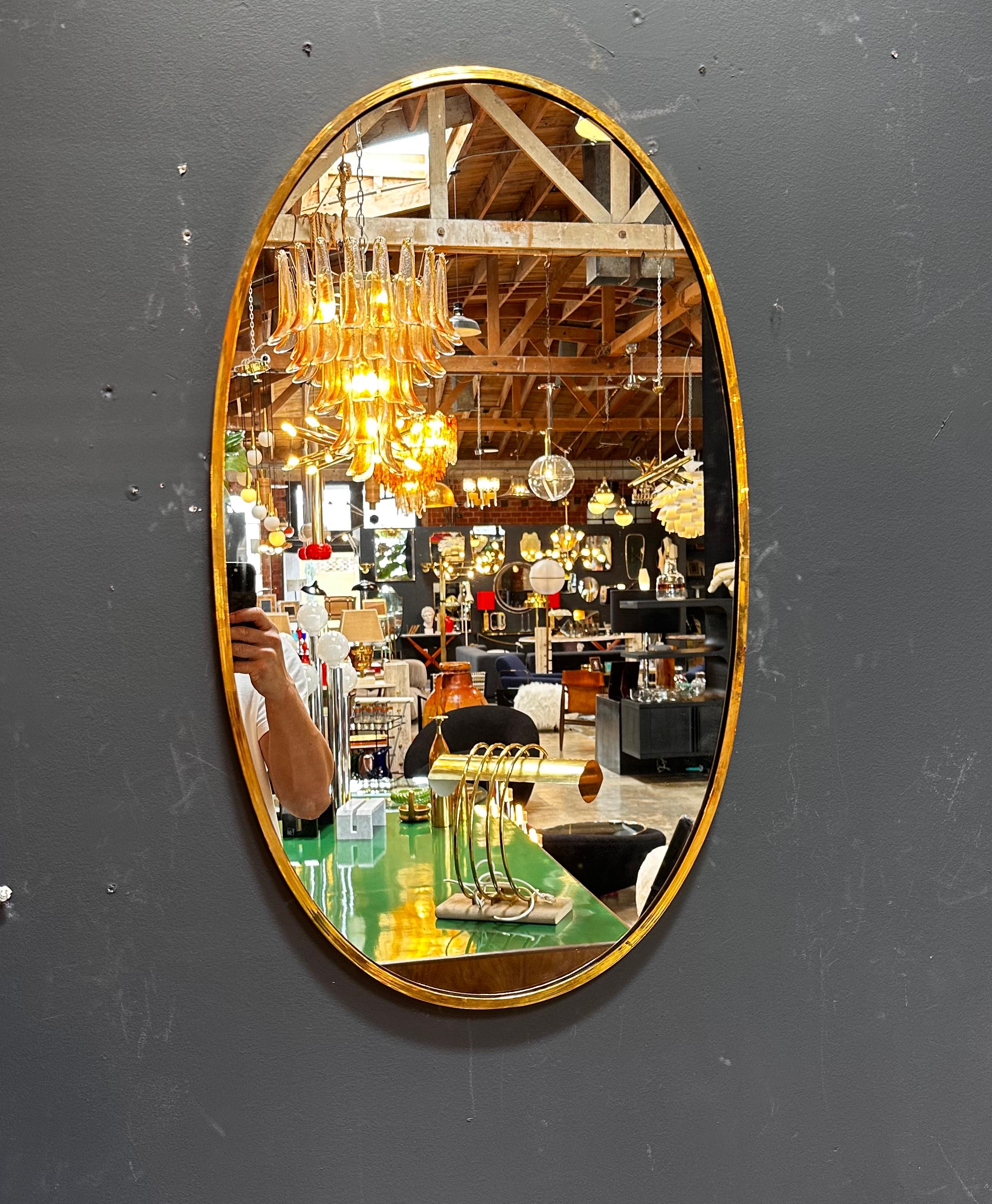 Mid-20th Century Vintage Italian Oval Brass Wall Mirror 1960s For Sale