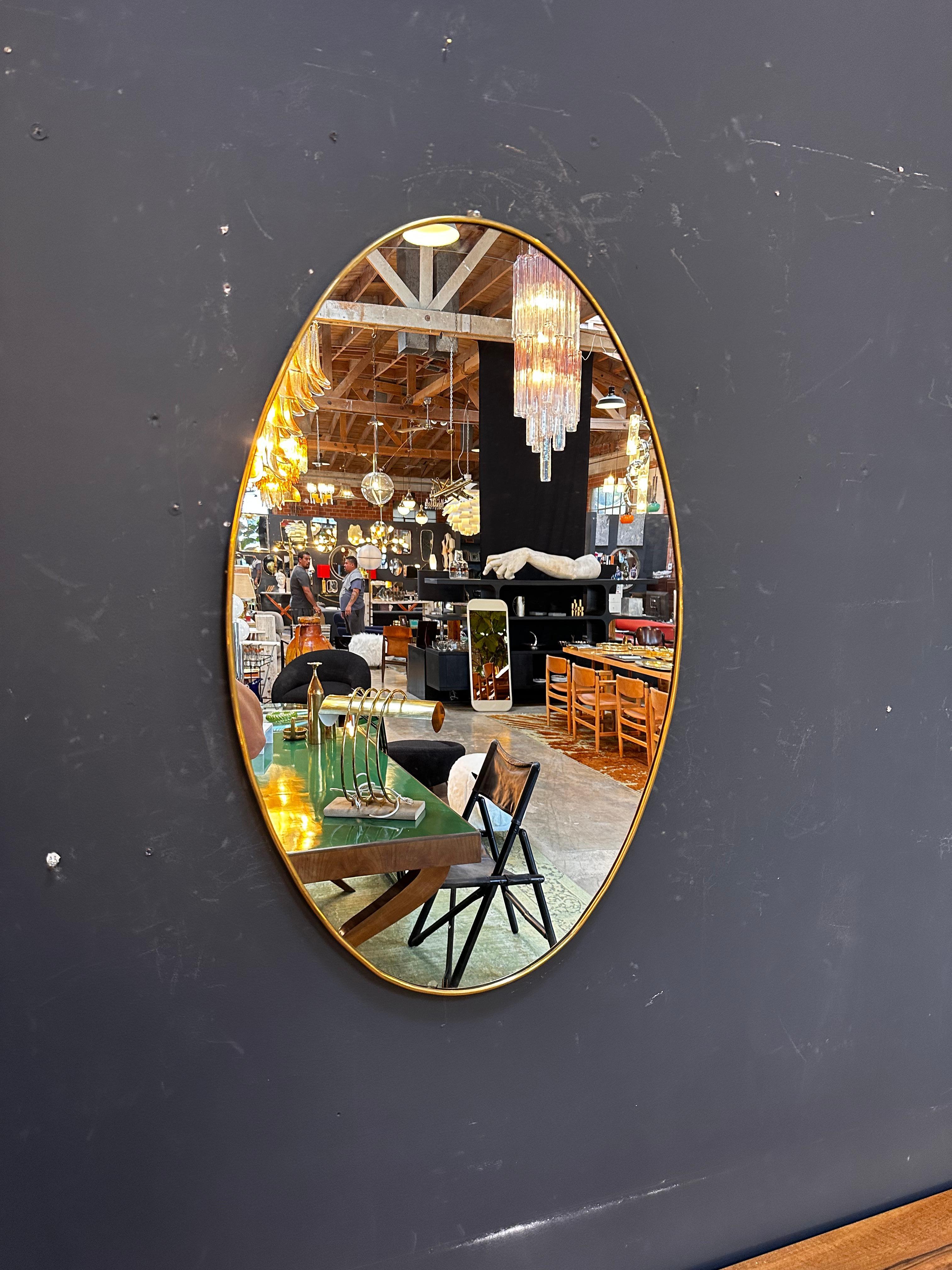Late 20th Century Vintage Italian Oval Brass Wall Mirror 1980 For Sale