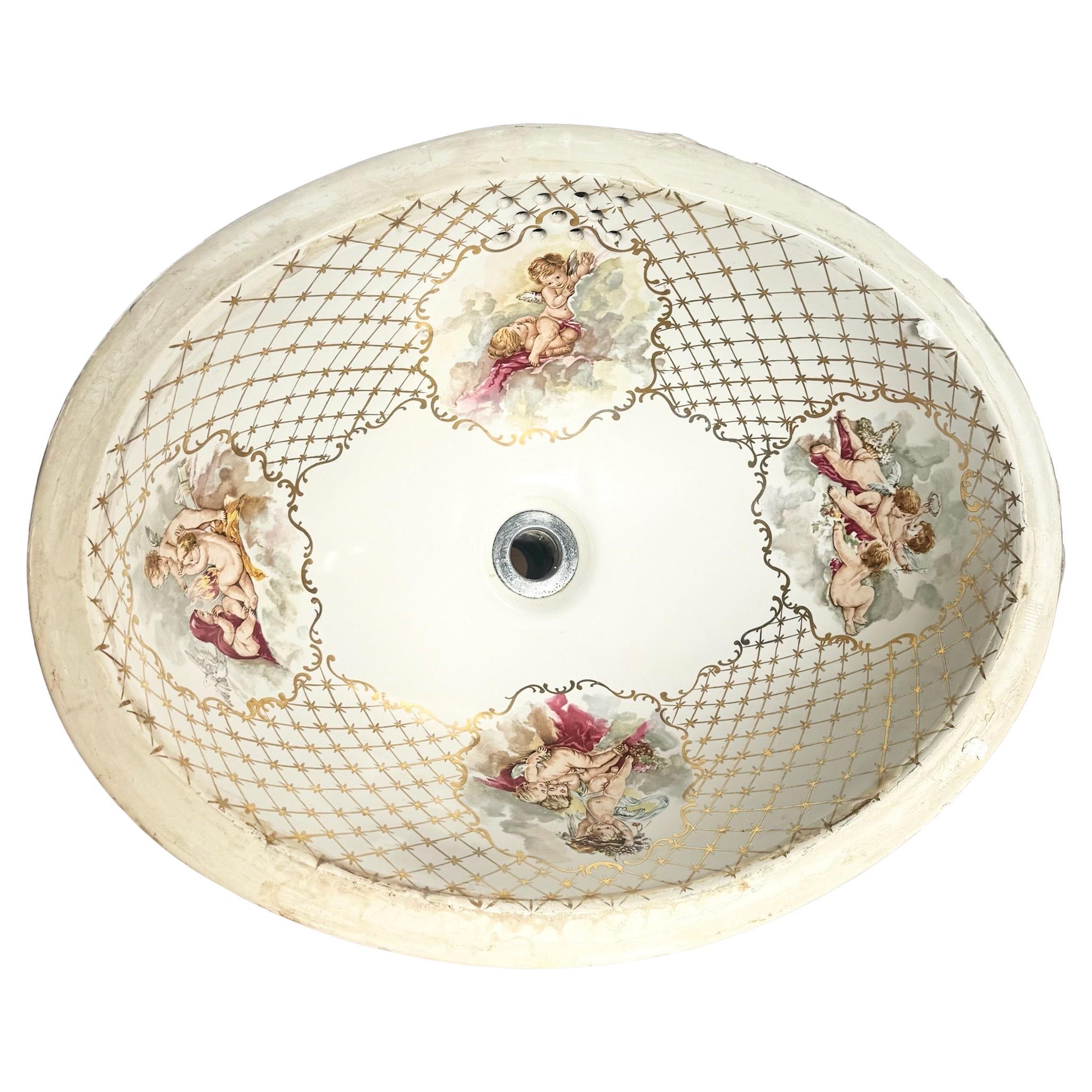 Fregadero Ovalado Italiano Vintage Pintado a Mano Querubín de Cesame