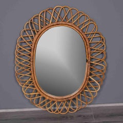 Vintage Italian Oval Mirror with Rattan Frame, Circa 1960s
