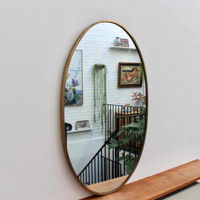 Mid-Century Modern Vintage Italian Oval Wall Mirror with Brass Frame, 'circa 1950s' For Sale