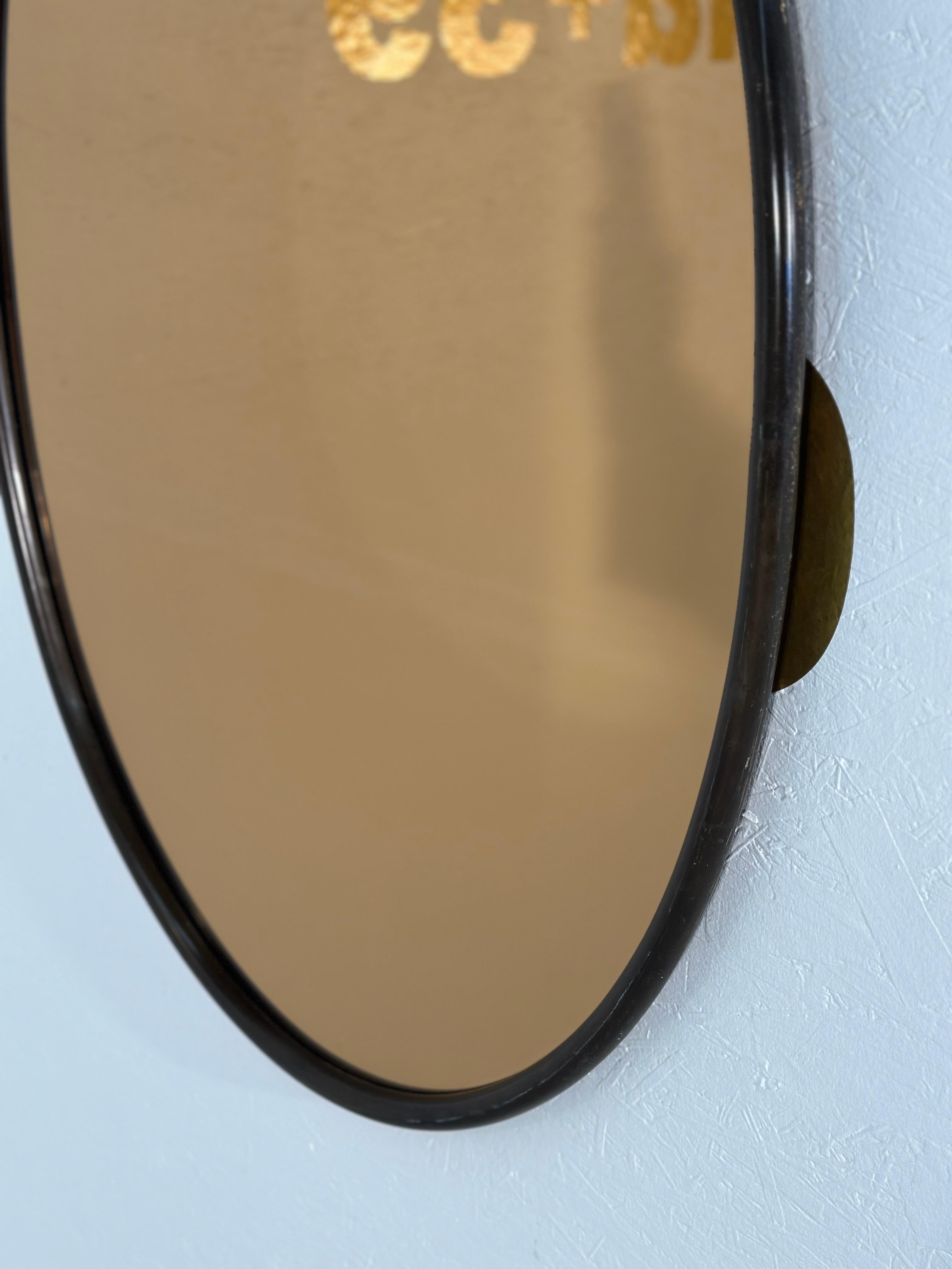 Vintage Italian Oval Wood Wall Mirror With Smoked Glass 1980s In Good Condition For Sale In Los Angeles, CA