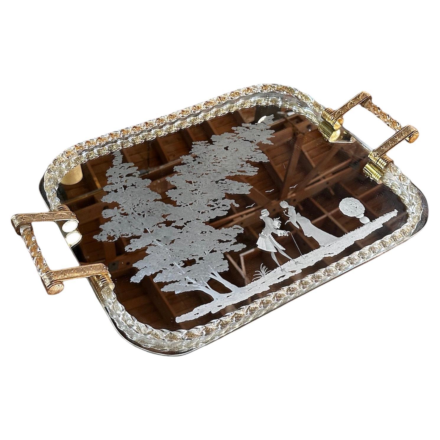 Vintage Italian Oversize Tray in Murano and Brass 1960s For Sale