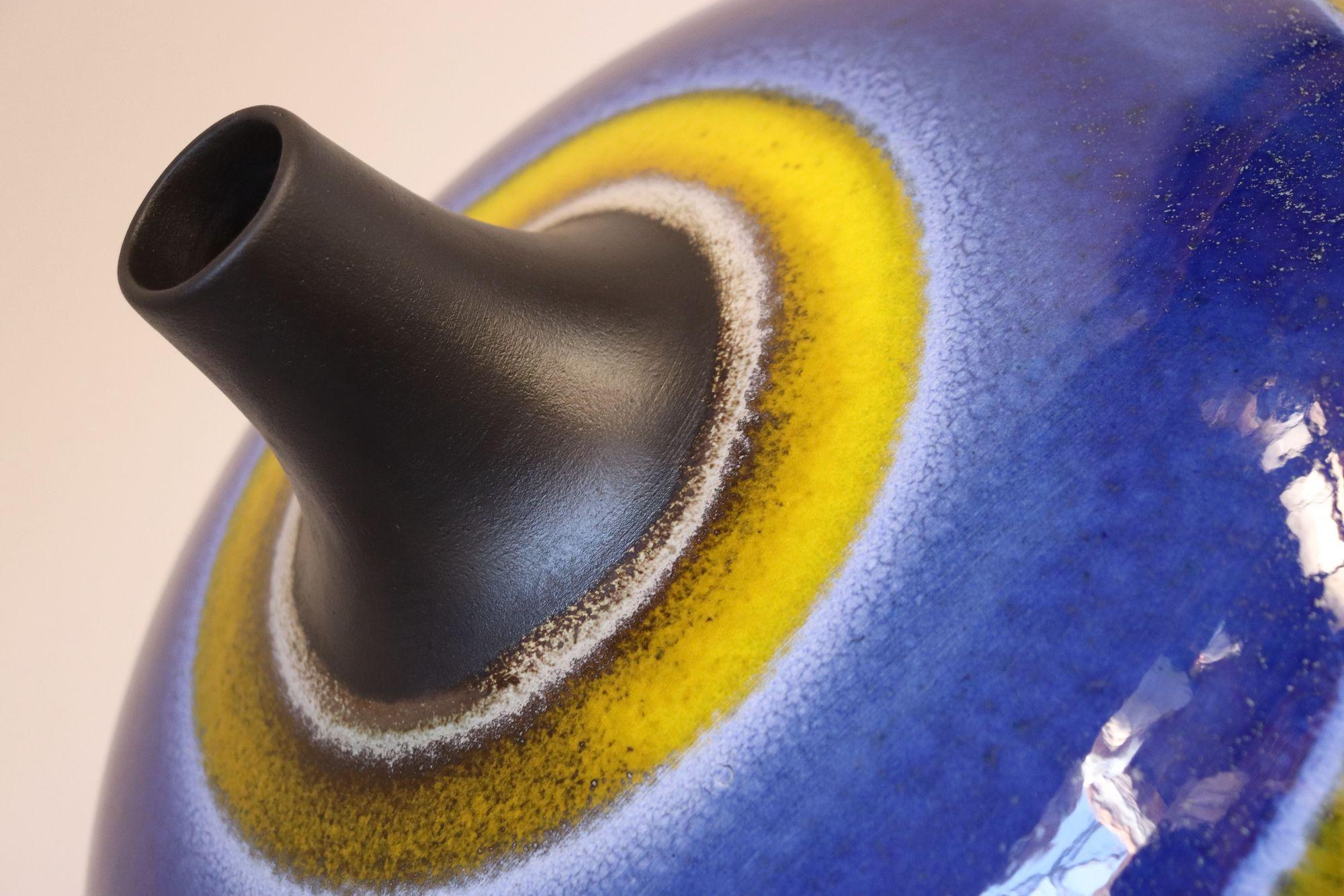 Vintage Italian Oversized Ceramic Vase with Blue and Yellow Glazed Banding For Sale 1