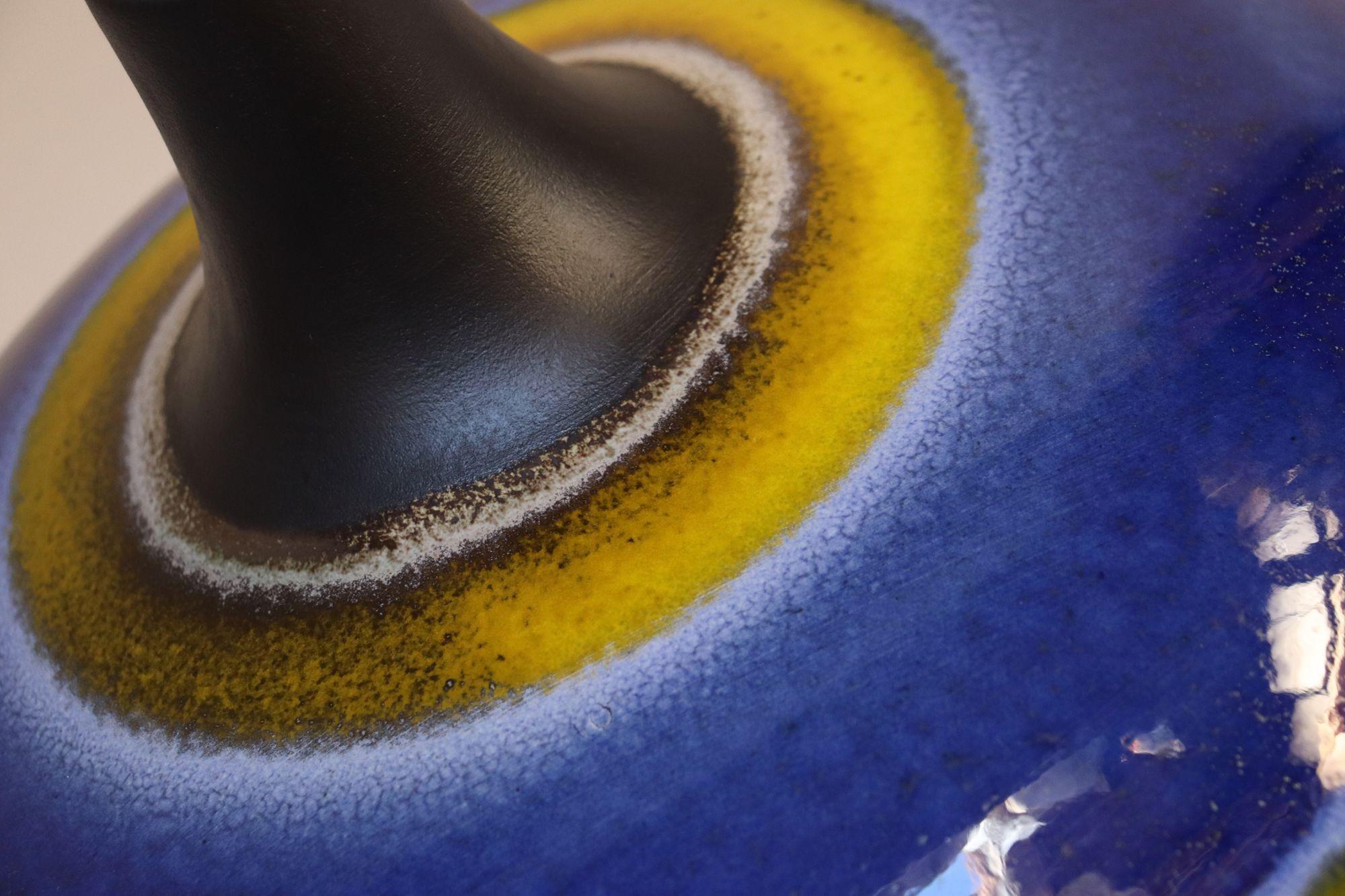 Vintage Italian Oversized Ceramic Vase with Blue and Yellow Glazed Banding For Sale 3