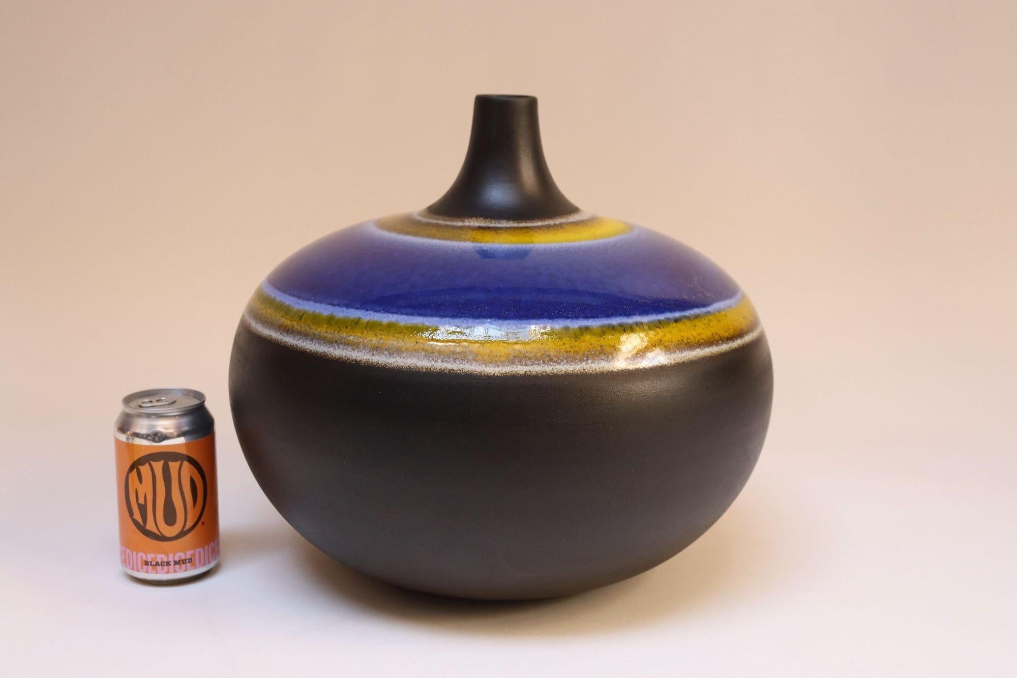 Vintage Italian Oversized Ceramic Vase with Blue and Yellow Glazed Banding For Sale 10