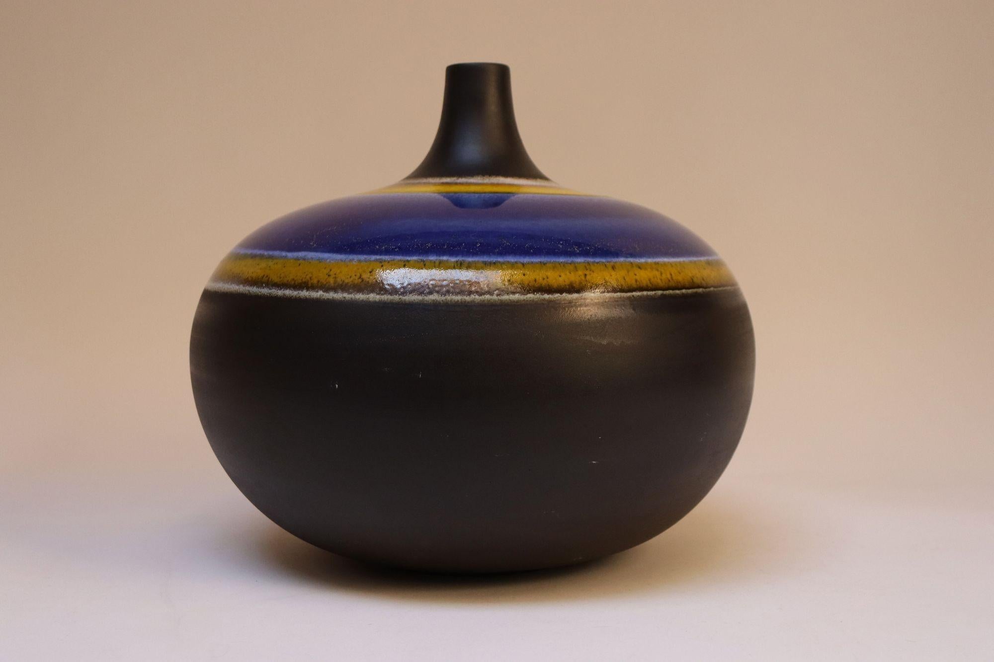 Vintage Italian Oversized Ceramic Vase with Blue and Yellow Glazed Banding For Sale 7