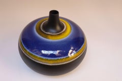 Vintage Italian Oversized Ceramic Vase with Blue and Yellow Glazed Banding