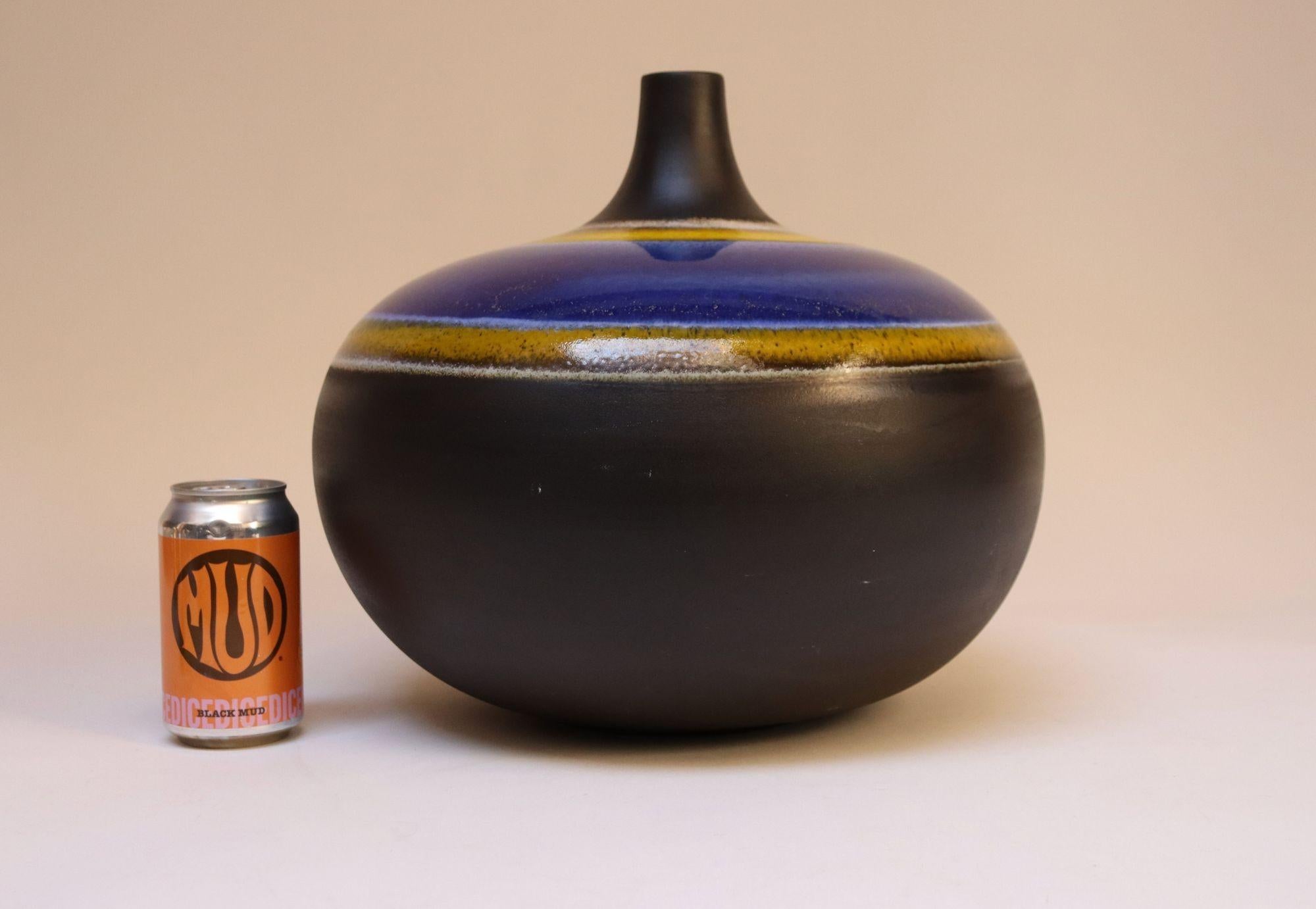 Vintage Italian Oversized Ceramic Vase with Blue and Yellow Glazed Banding In Good Condition For Sale In Brooklyn, NY