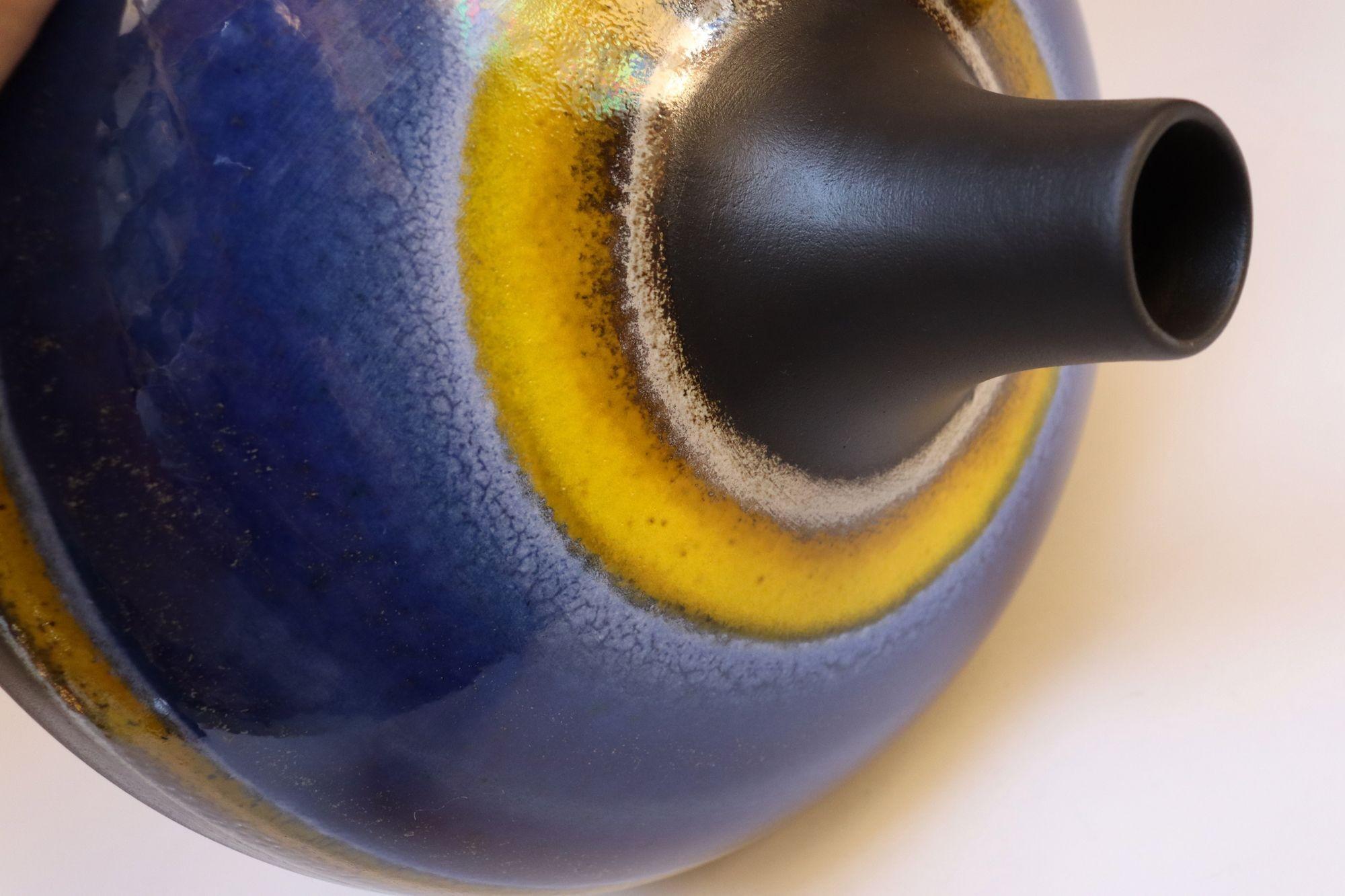 Late 20th Century Vintage Italian Oversized Ceramic Vase with Blue and Yellow Glazed Banding For Sale