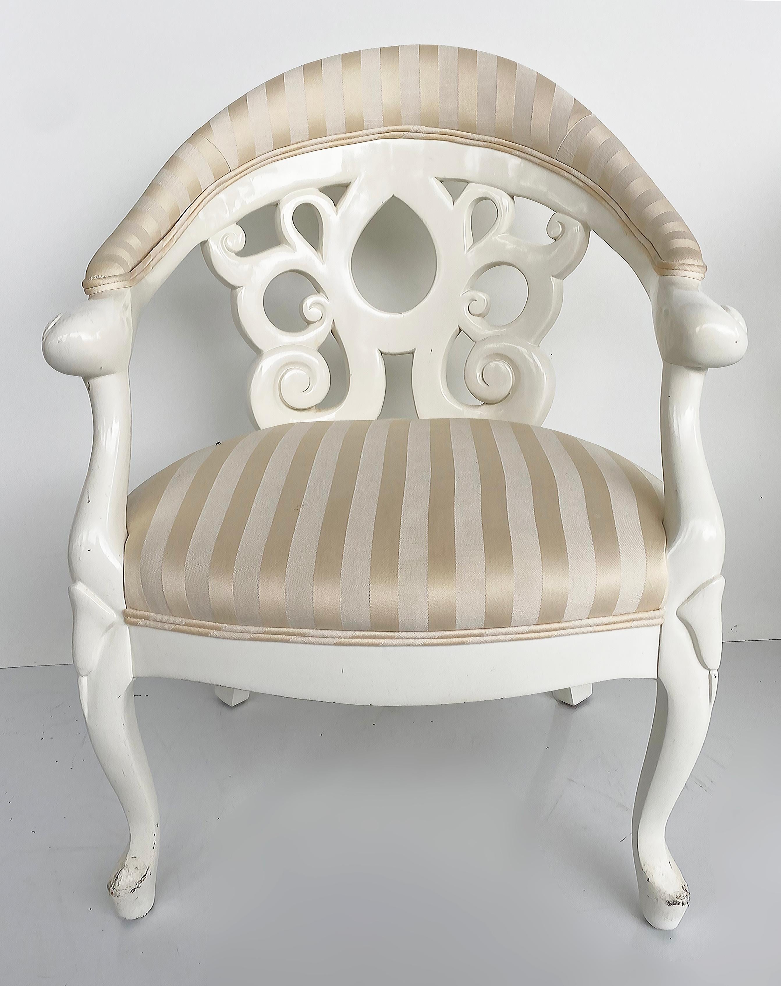 Vintage Painted David Barrett Barrel Back Armchairs, Pair

Offered for sale is a pair of late 1970s white lacquered armchairs designed by David Barrett.  Barrett, one of New York’s most in-demand decorators, rose to the top of his field, even