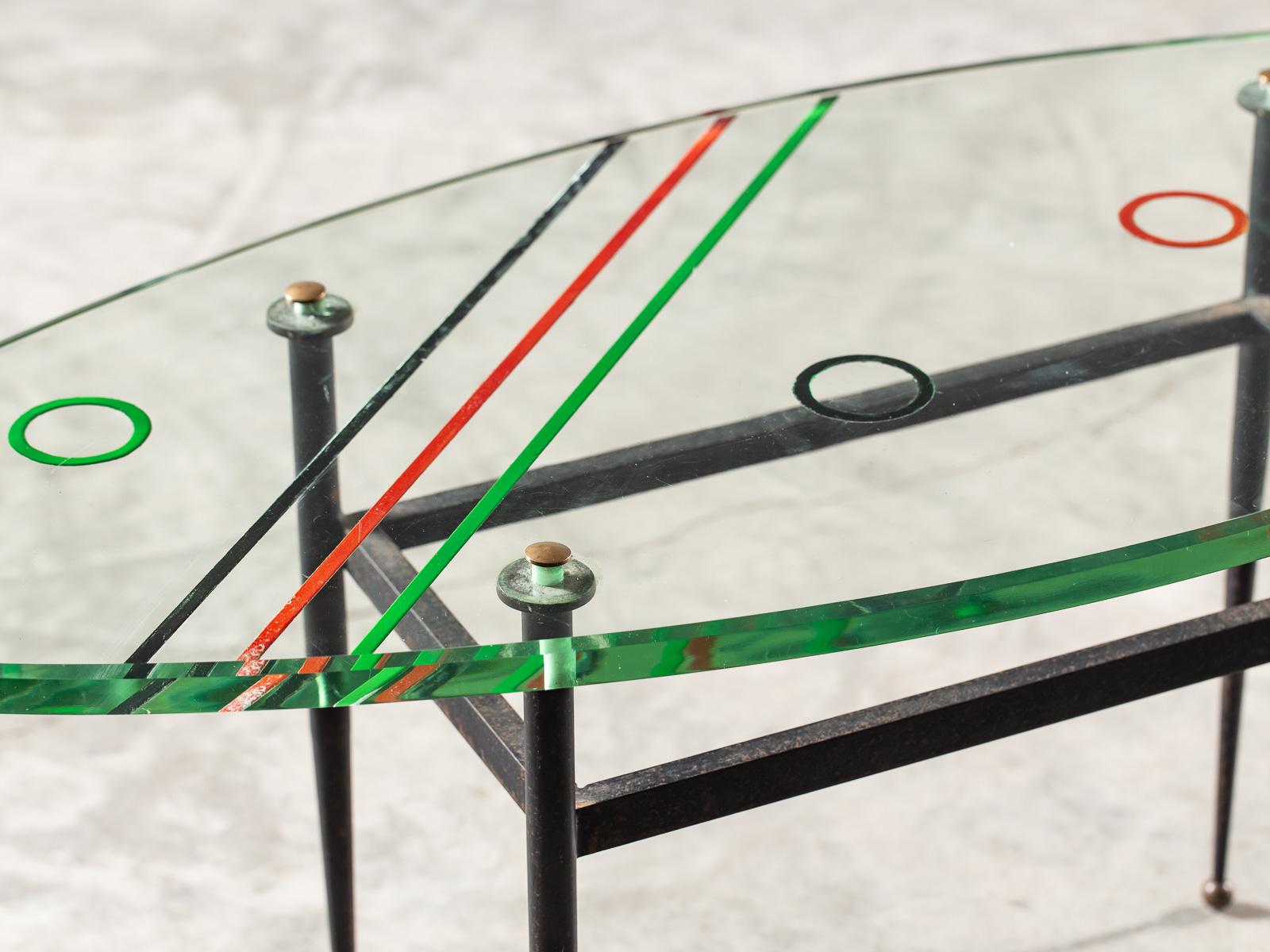 Vintage Italian Painted Glass Oval Iron Base Coffee Table, circa 1960 For Sale 1