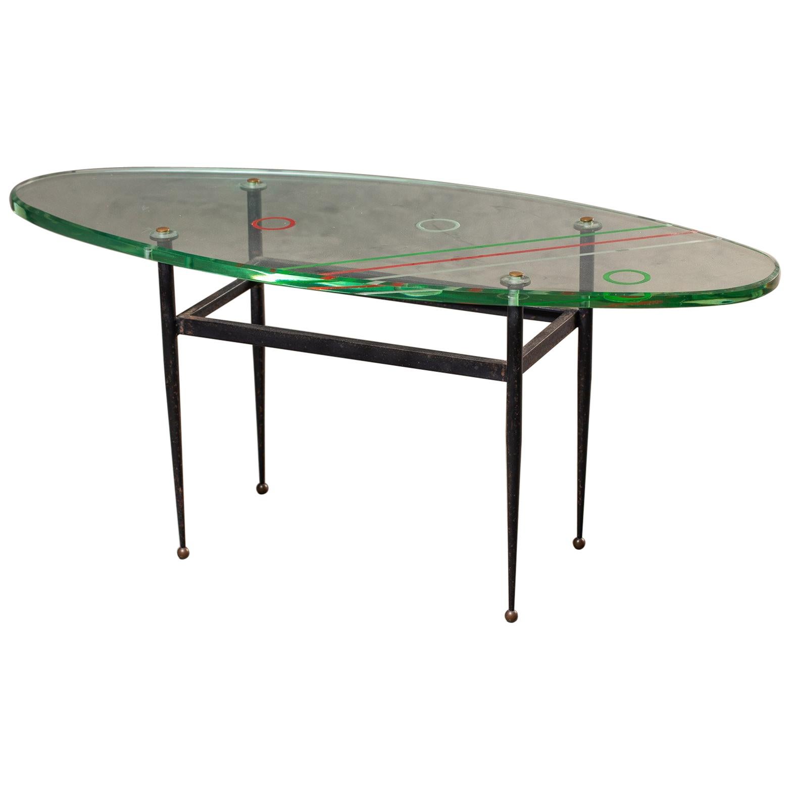 Vintage Italian Painted Glass Oval Iron Base Coffee Table, circa 1960 For Sale