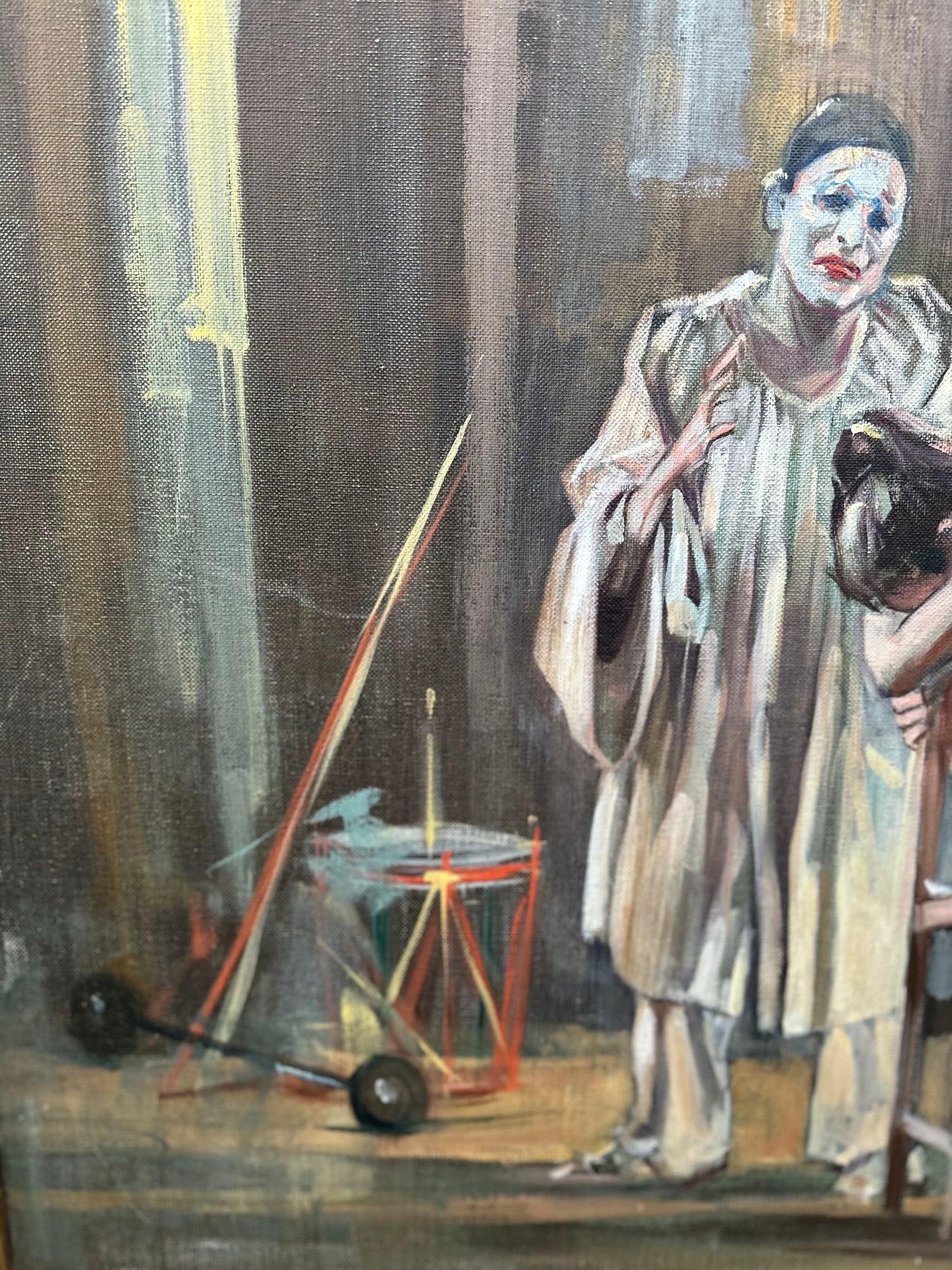 Vintage Italian painting by Giordano Giovanetti depicting at the heart of the painting a poignant scene: a distraught ballerina sitting while being consoled by who appears to be a mime or clown.
His rugged features and gentle expression convey an