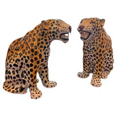 Vintage Italian Pair of Cheetah or Leopard Ceramic Sculptures