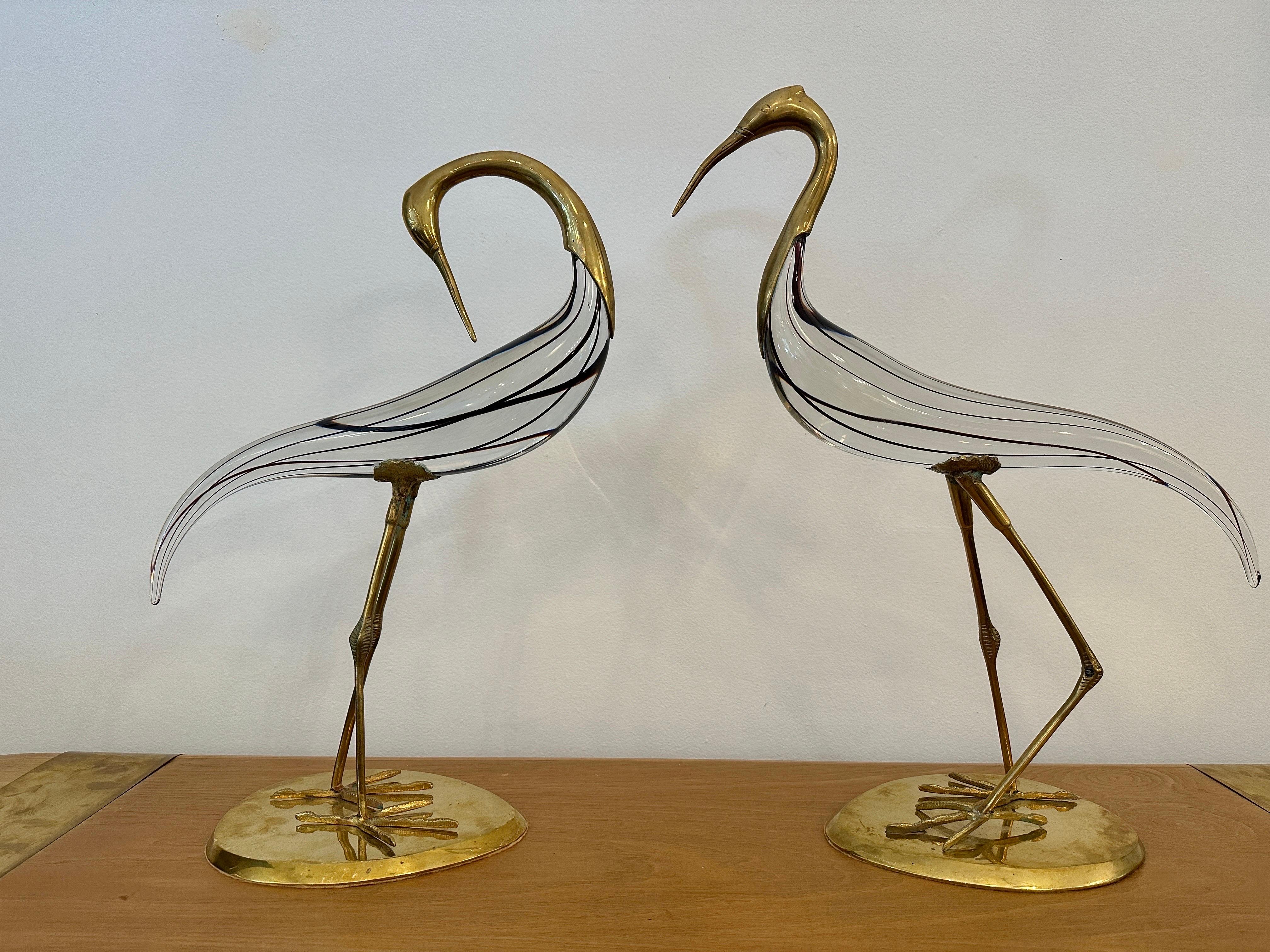 Late 20th Century Vintage Italian Pair of Murano & Brass Egret Sculptures For Sale