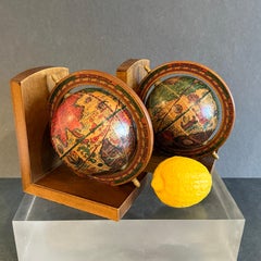 Vintage Italian Pair of Rotating Globes Sculptures Wood Bookends