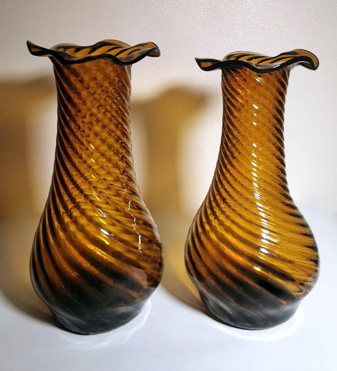 Mid-Century Modern Vintage Italian Pair of Tuscan Blown Glass Vases