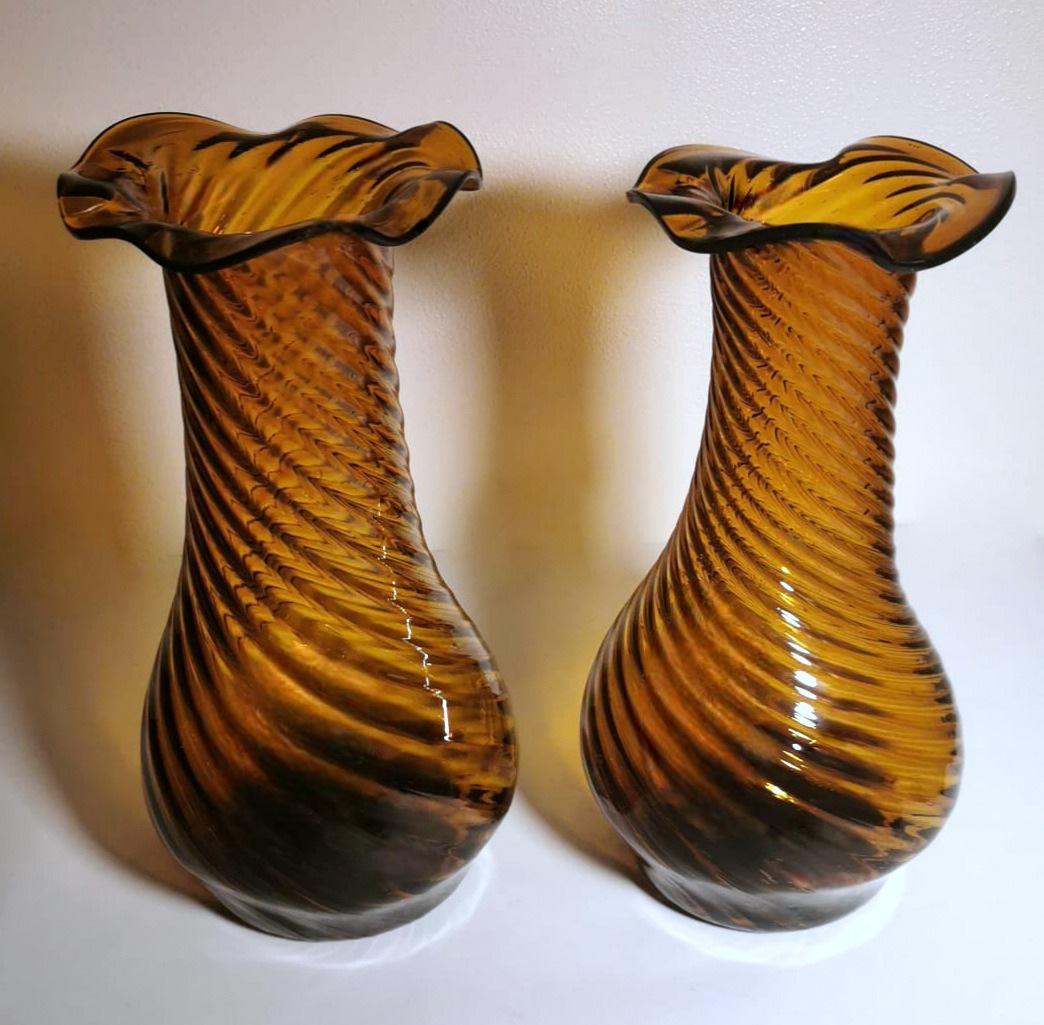 Hand-Crafted Vintage Italian Pair of Tuscan Blown Glass Vases