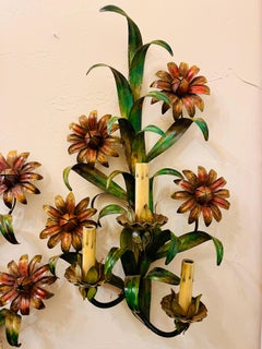 Vintage Italian Pair Painted Tole Floral Wall Sconces 3 Lights