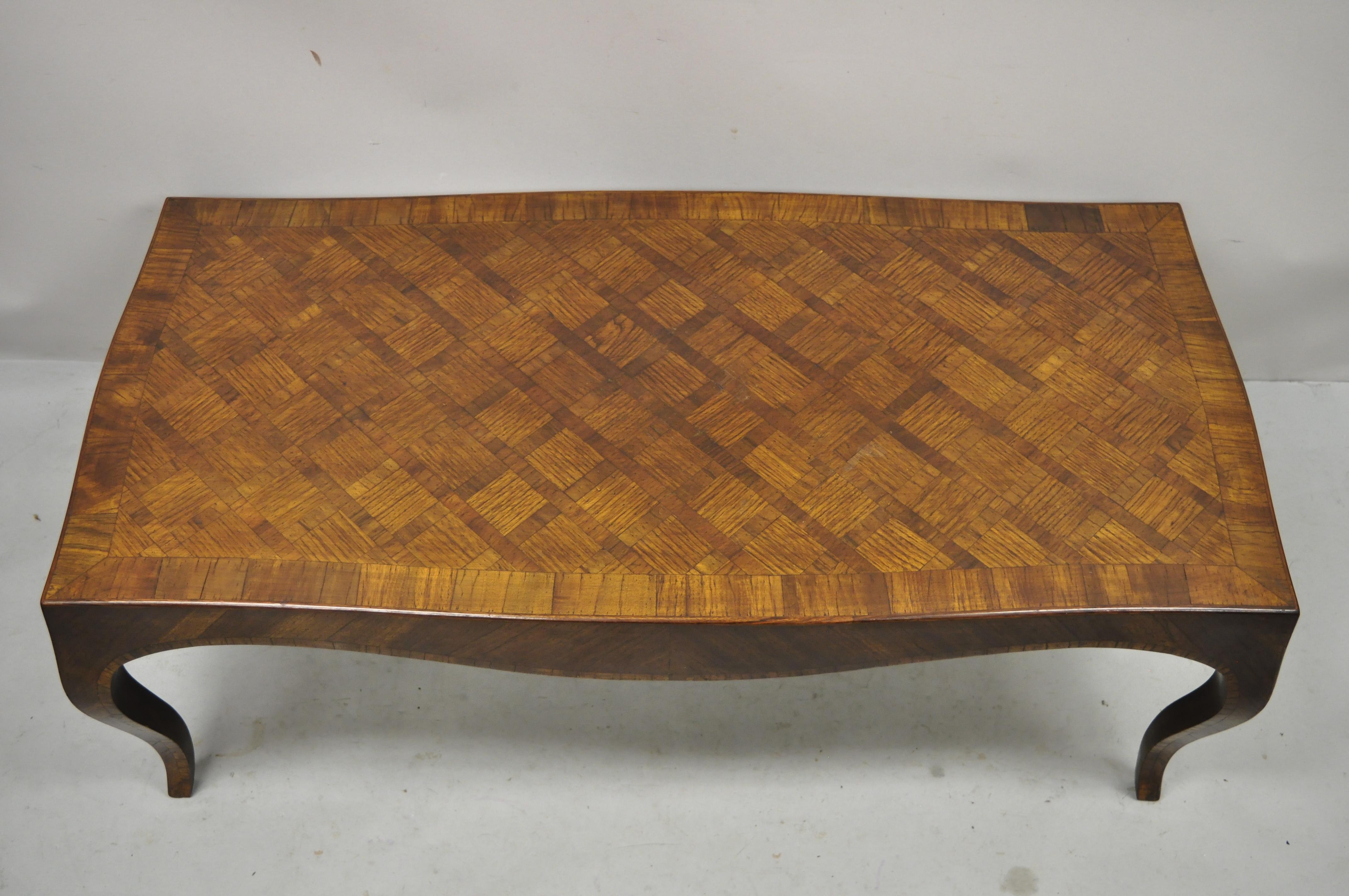 Hollywood Regency Vintage Italian Parquetry Inlay Olive Wood Mid Century Long Coffee Table