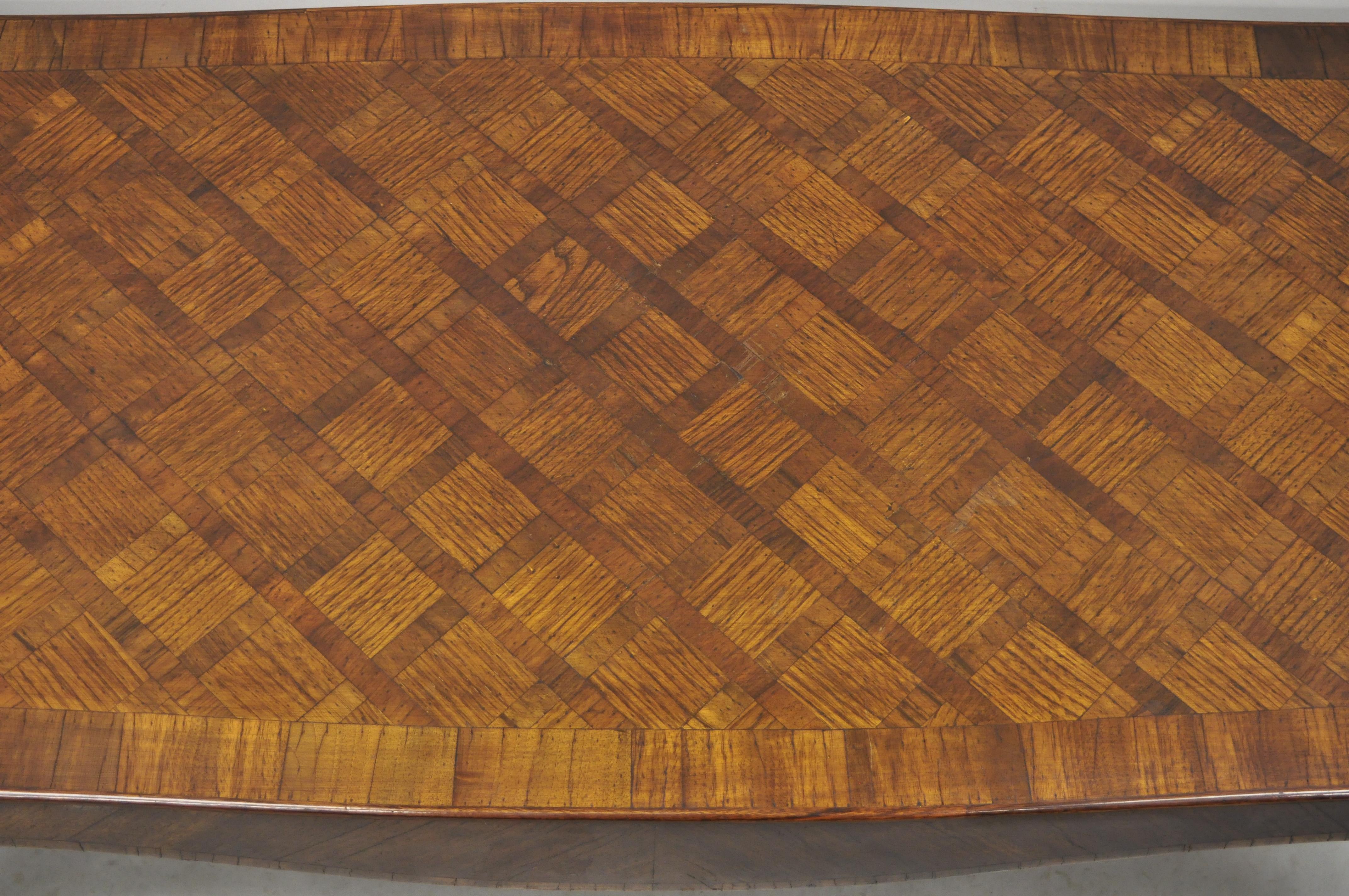 Vintage Italian Parquetry Inlay Olive Wood Mid Century Long Coffee Table In Good Condition In Philadelphia, PA