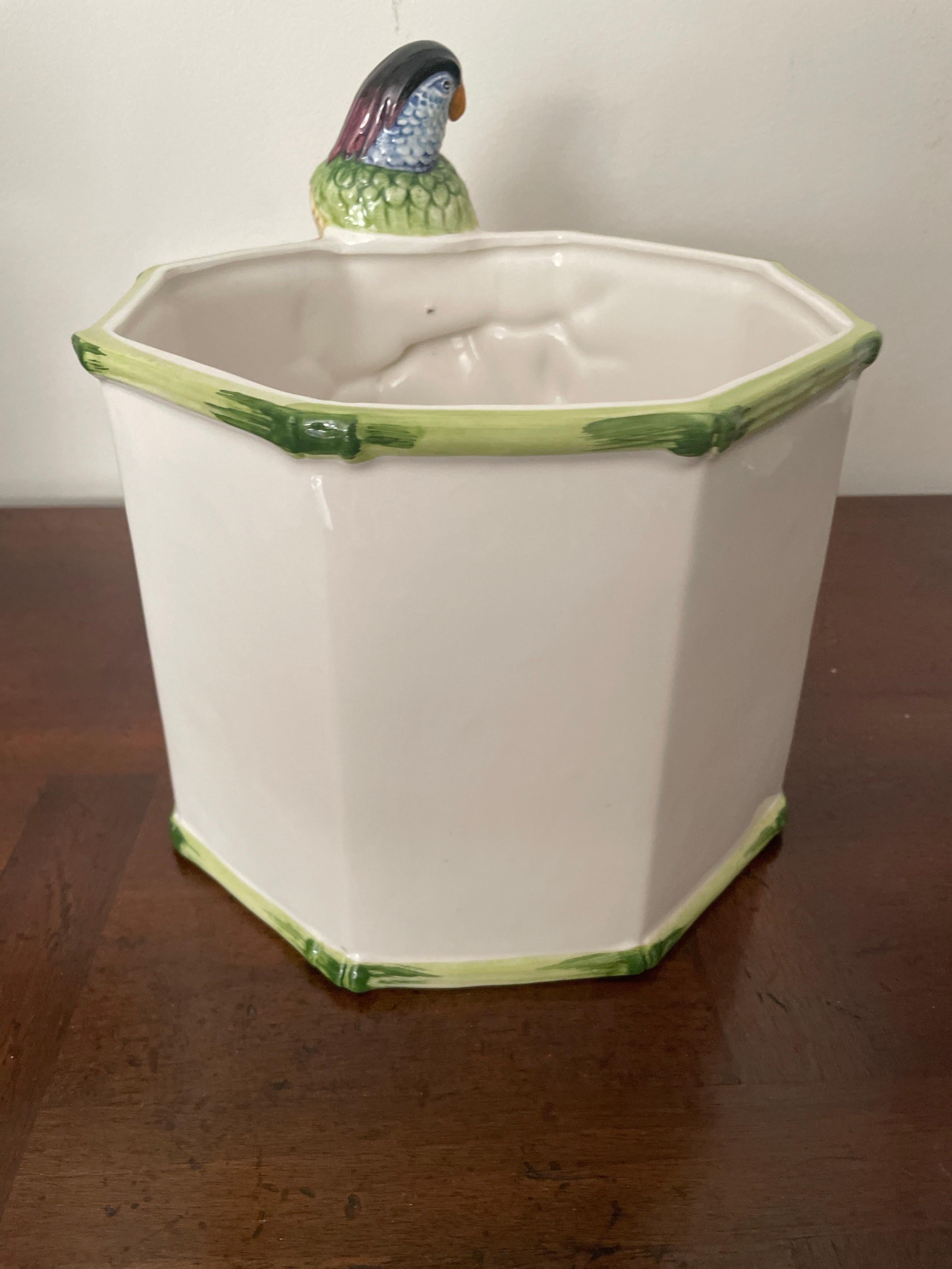 Porcelain Vintage Italian Parrot Cache Pot For Sale