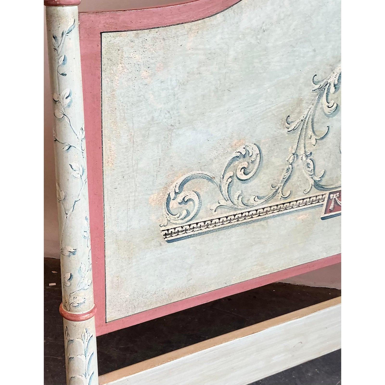 Presenting a truly enchanting Vintage Italian Hand-Painted Queen Bed, a magnificent piece that radiates old-world charm and artisanal craftsmanship. This bed frame embodies a refined Neoclassical aesthetic, softened by a beautifully distressed