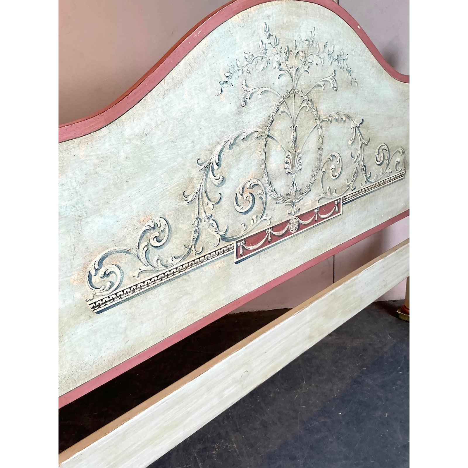 Neoclassical Vintage Italian Patina Hand Painted King Bed For Sale