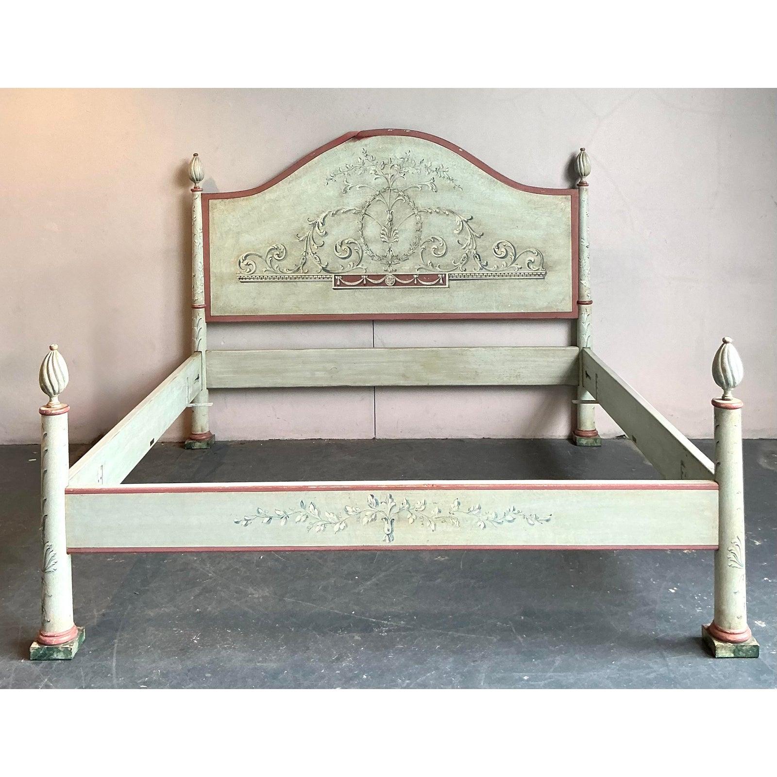Vintage Italian Patina Hand Painted King Bed In Good Condition For Sale In West Palm Beach, FL
