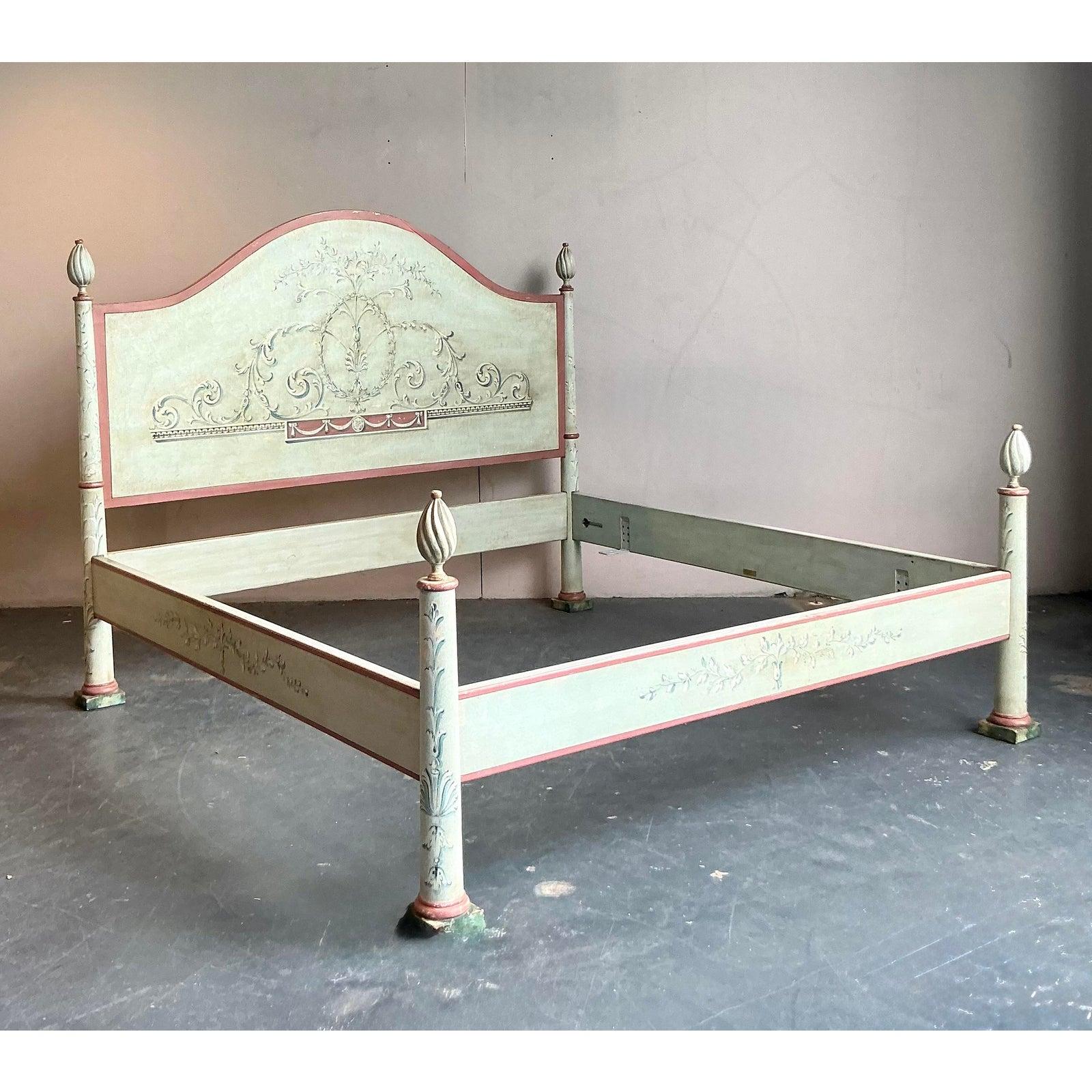 Wood Vintage Italian Patina Hand Painted King Bed For Sale