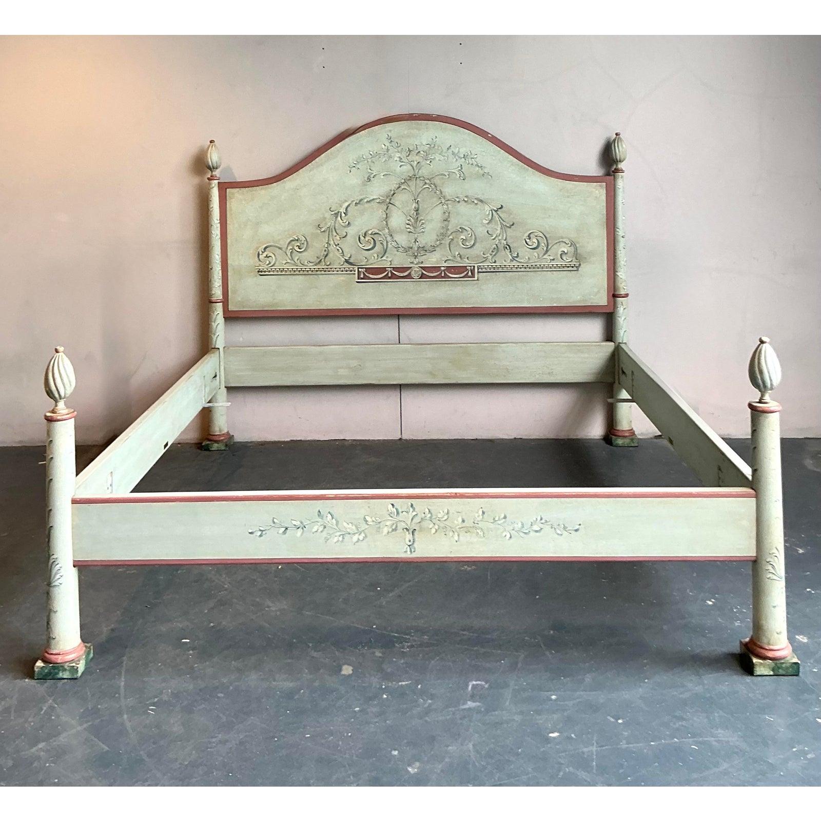 Vintage Italian Patina Hand Painted King Bed For Sale 1