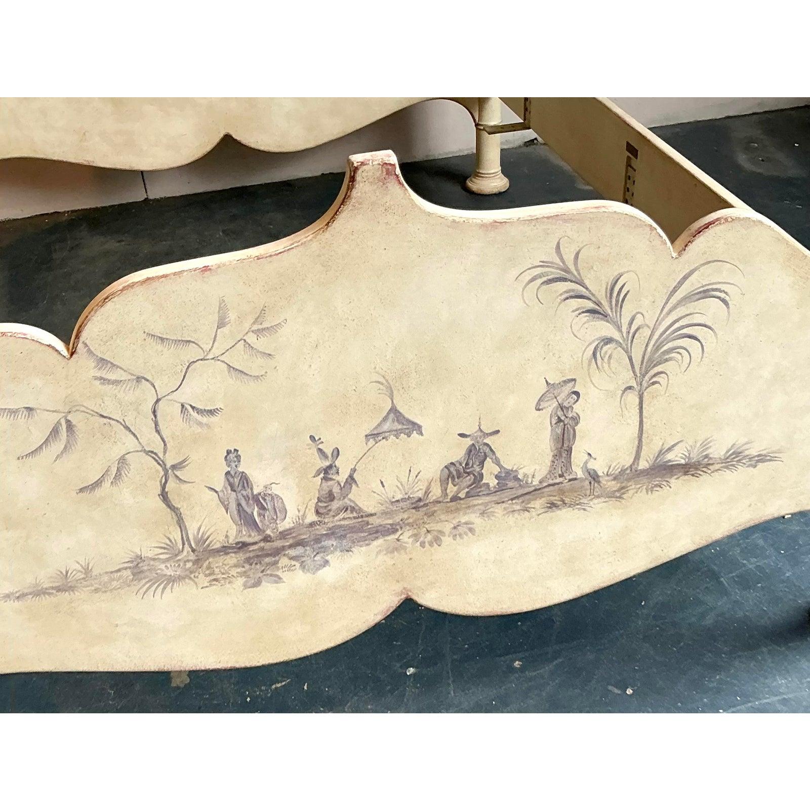 Discover the allure of this exquisite vintage Italian queen poster bed, a masterpiece that effortlessly combines whimsical artistry with classic design. Adorned with a charming patinated finish, the bed features hand-painted palm tree motifs and