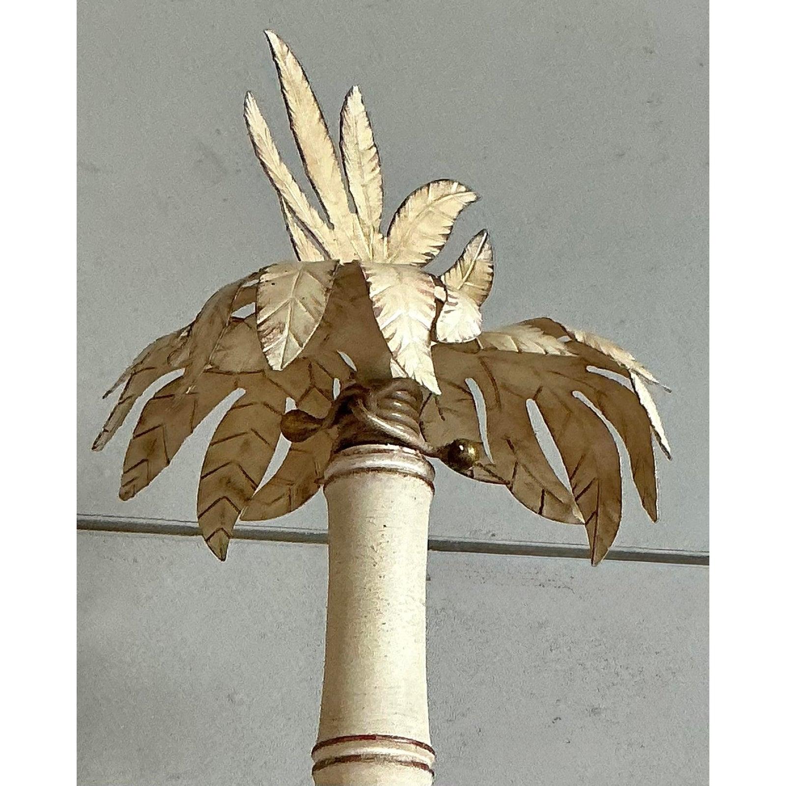 Fabric Vintage Italian Patina Hand Painted Palm Tree Queen Poster Bed For Sale