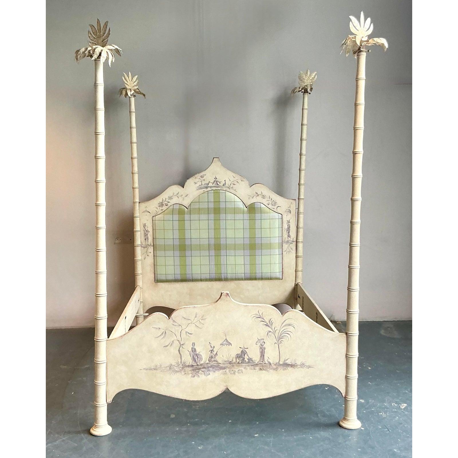 Vintage Italian Patina Hand Painted Palm Tree Queen Poster Bed For Sale 4