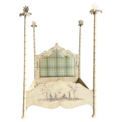 Vintage Italian Patina Hand Painted Palm Tree Queen Poster Bed