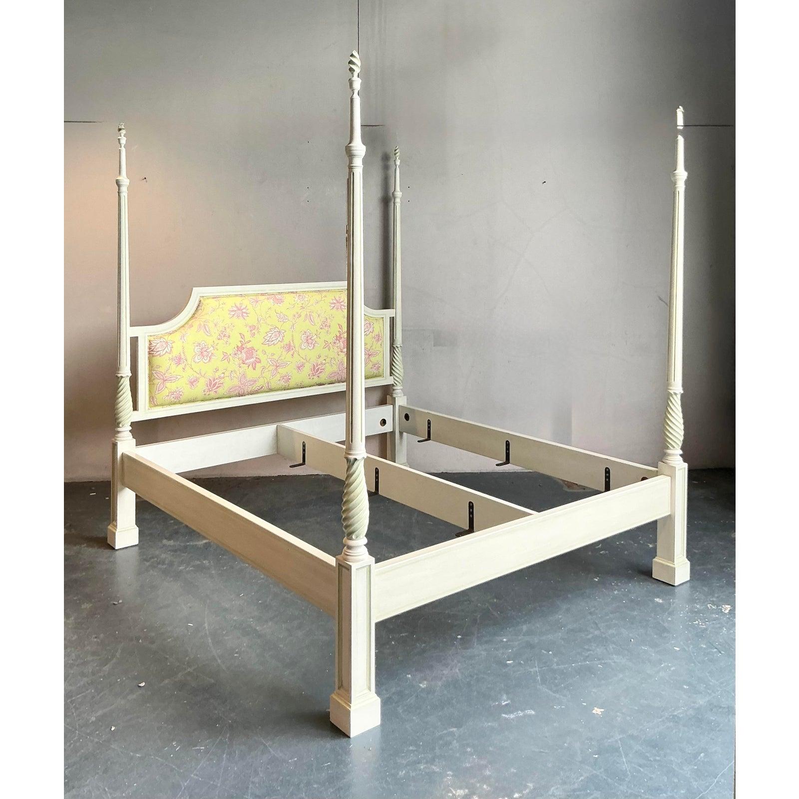 Presenting a magnificent vintage Italian poster bed, a true embodiment of timeless elegance and craftsmanship. This bed features a beautiful patinated finish, which lends it an aged, sophisticated charm, perfectly complementing the intricate
