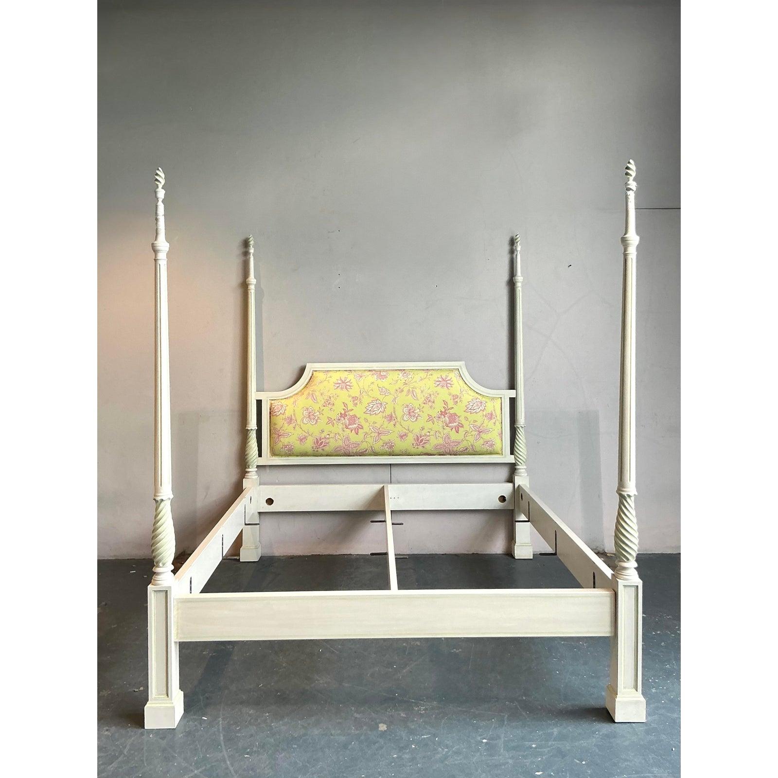 Upholstery Vintage Italian Patina Turned Wood Poster Bed For Sale